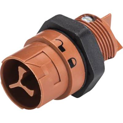 Ein orangefarbener Kunststoffadapter mit Schraubgewinde und schwarzem Dichtungsring, möglicherweise ein Teil eines Verbindungssystems.