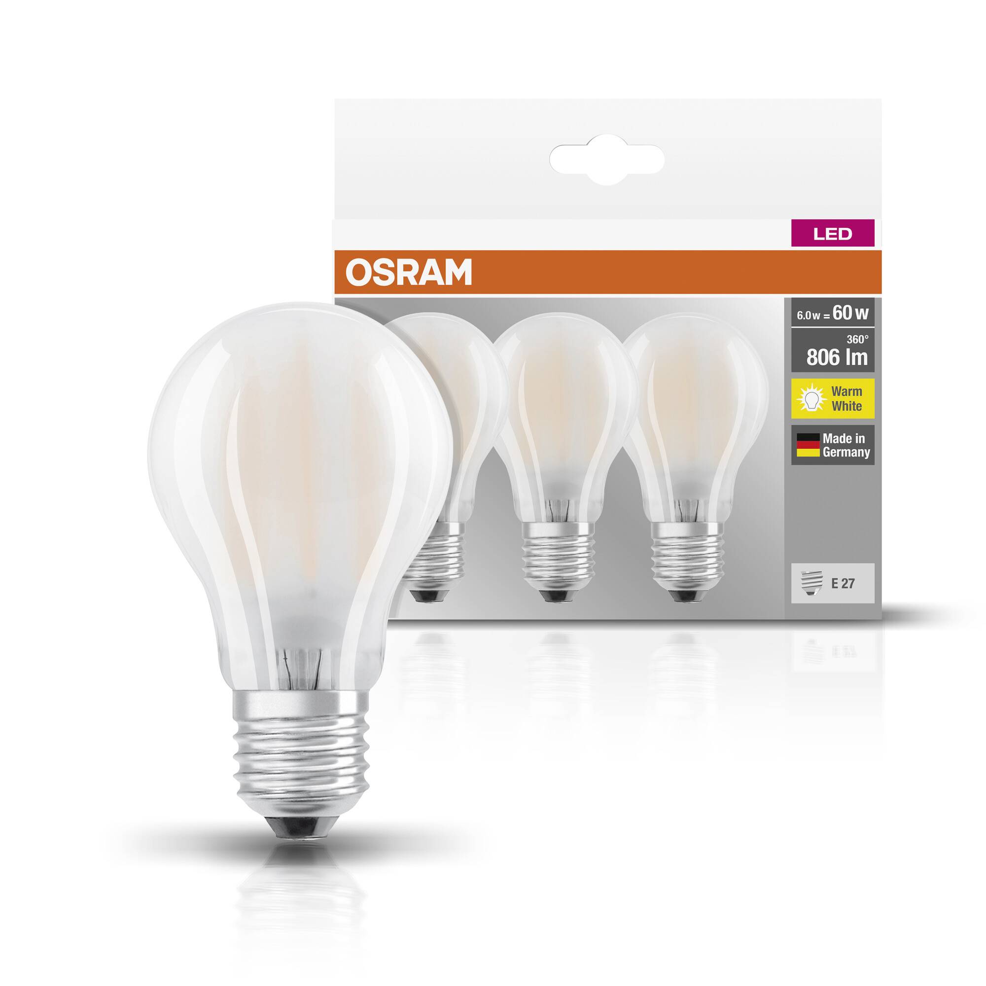 Verpackung mit drei OSRAM LED-Glühbirnen, 806 Lumen, warmweißes Licht, 6,6W entspricht 60W, E27-Sockel, Made in Germany.