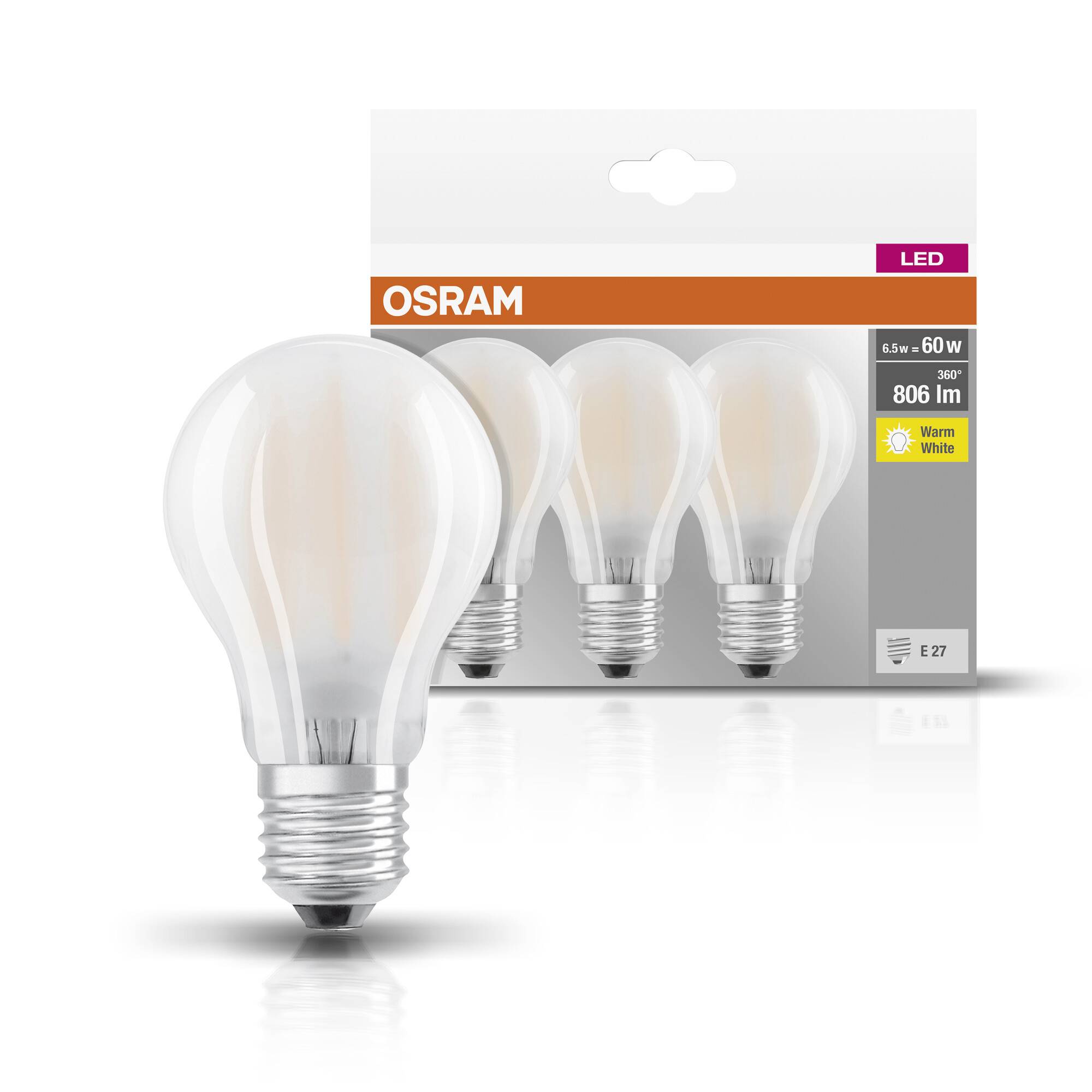 Verpackung mit vier OSRAM LED-Glühbirnen 6,5 W, entspricht 60 W, 806 lm, warmweißes Licht, E27-Sockel. Geeignet für Innenbeleuchtung.