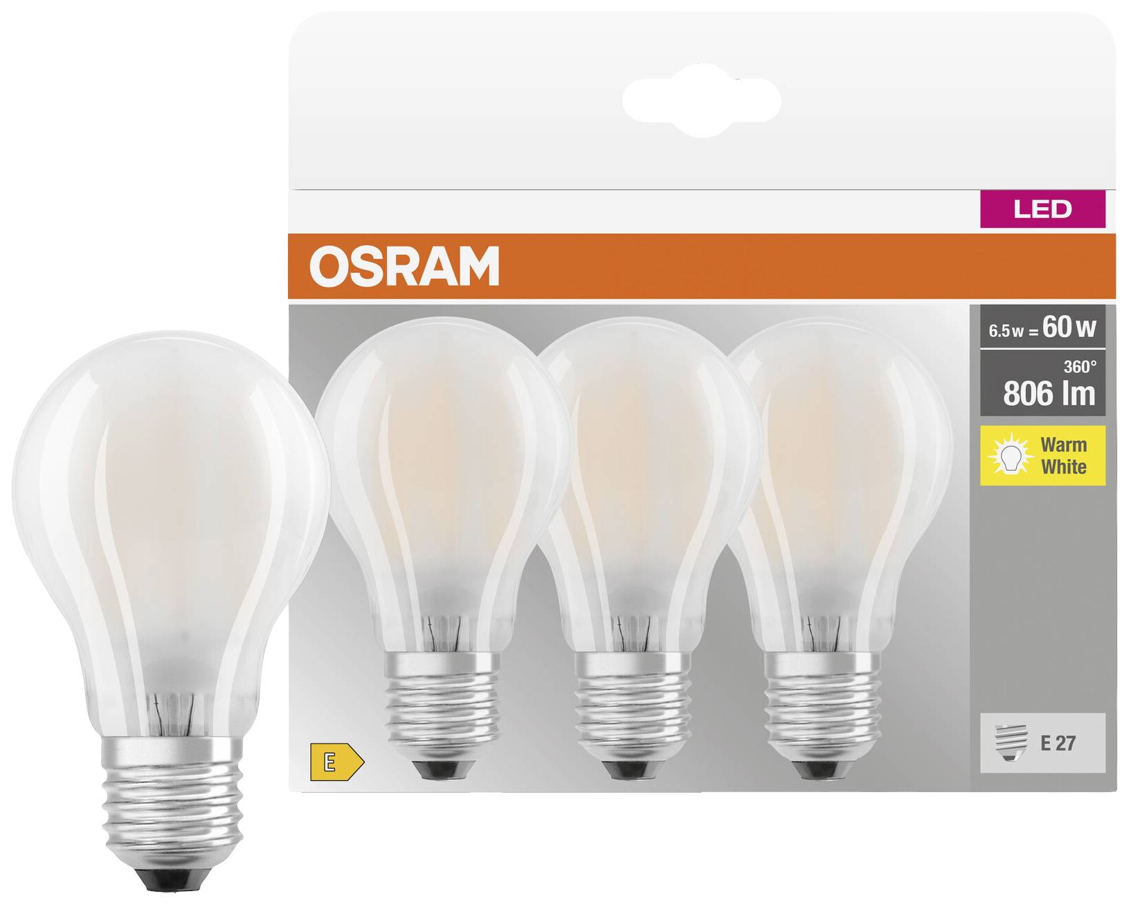 Vier LED-Glühbirnen von Osram, 6,5 W, 806 lm, warmweiß, in einer Verpackung. Vergleichbar mit 60 W Glühbirnen. E27 Sockel.