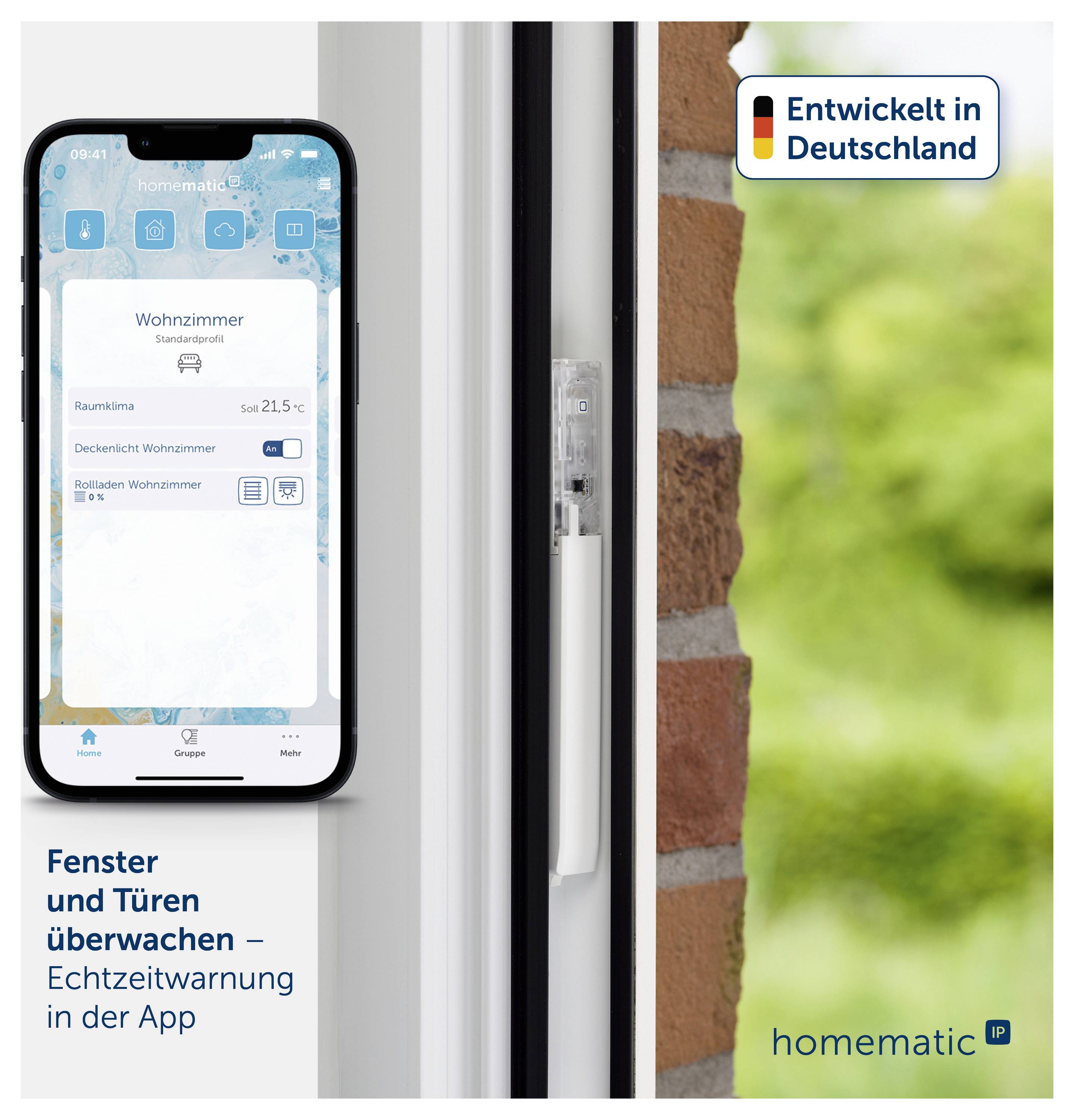 Werbegrafik: Smartphone-App zur Überwachung von Fenstern und Türen mit Echtzeitwarnung; zeigt ein Fenstergriff-Sensorprodukt, 'Entwickelt in Deutschland' und 'homematic IP'.