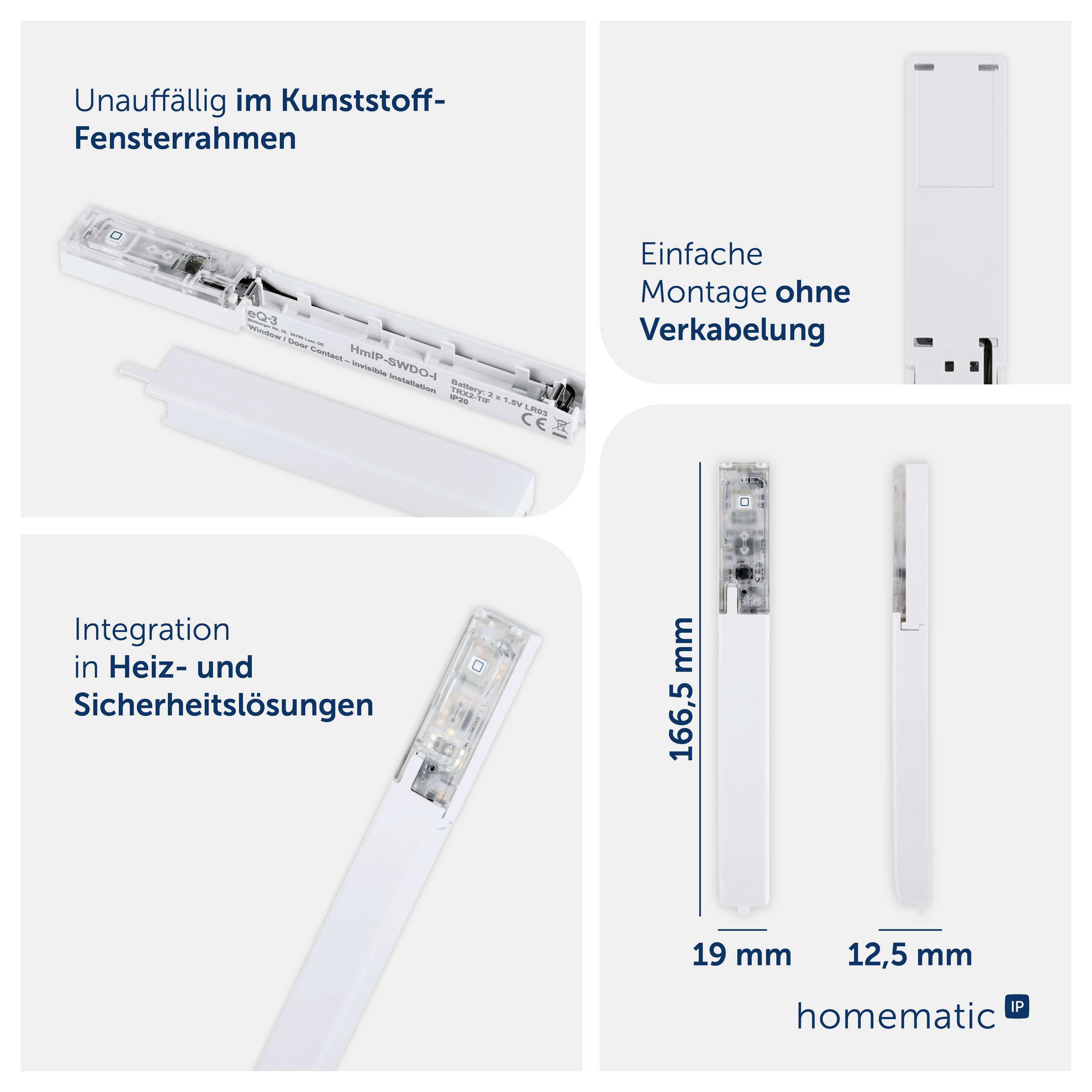 Produktbild eines schmalen Fensterkontakts für Kunststofffenster: unauffällige Montage im Rahmen, ohne Verkabelung, 166,5 mm lang, 19 mm breit, kompatibel mit Heiz- und Sicherheitssystemen.