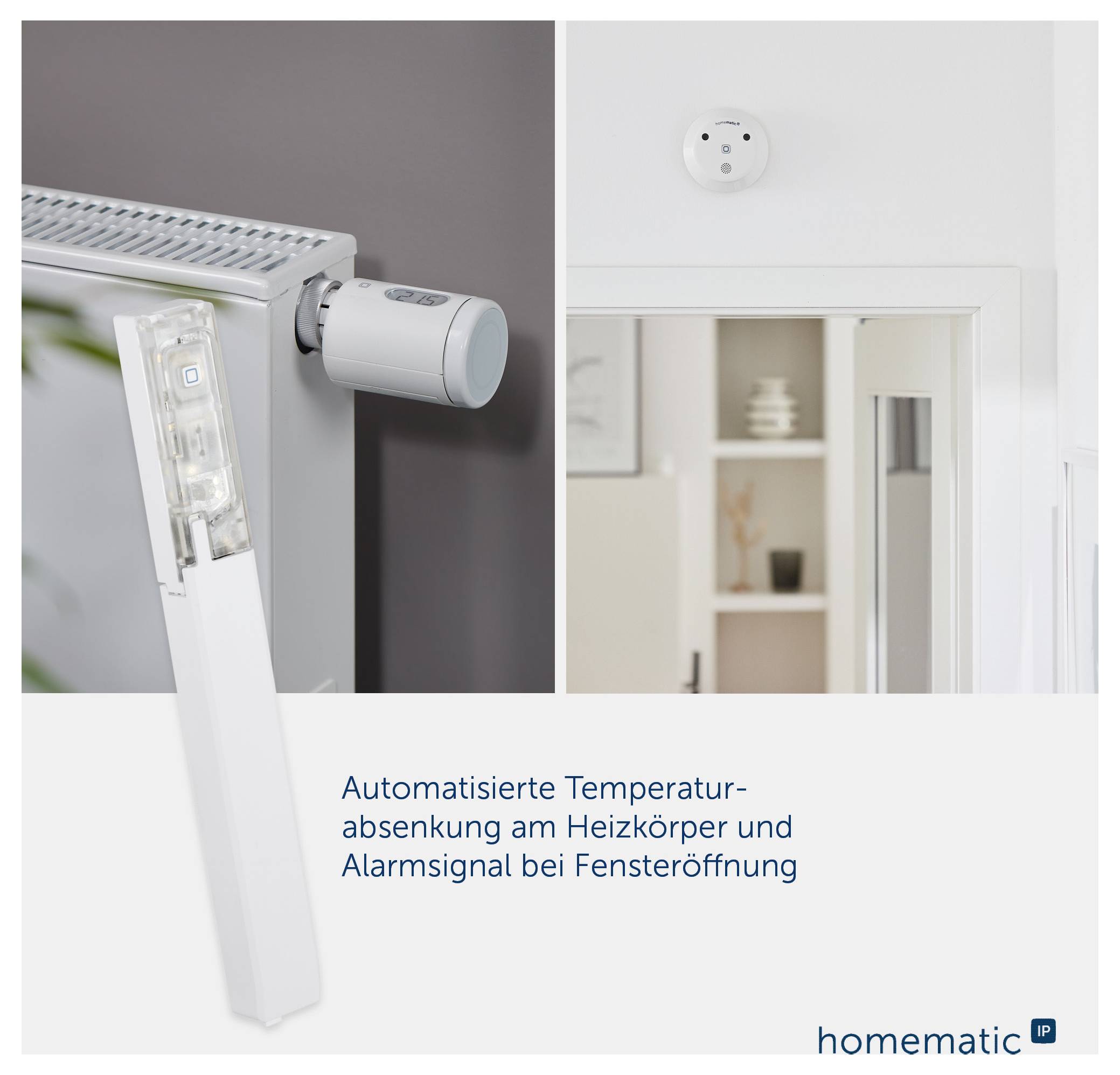 Homematic Heizkörperthermostat mit Fensterkontakt: bei geöffnetem Fenster senkt er die Temperatur automatisch ab und gibt ein Alarmsignal.