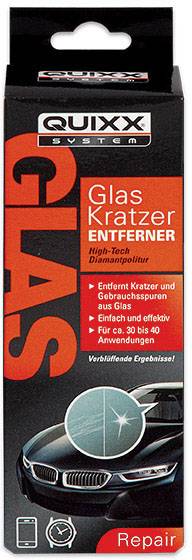 'QUIXX Glas Kratzer Entferner' Verpackung, beworben für Kratzerentfernung auf Glas. Zeigt ein Auto mit Beleuchtungseffekten.