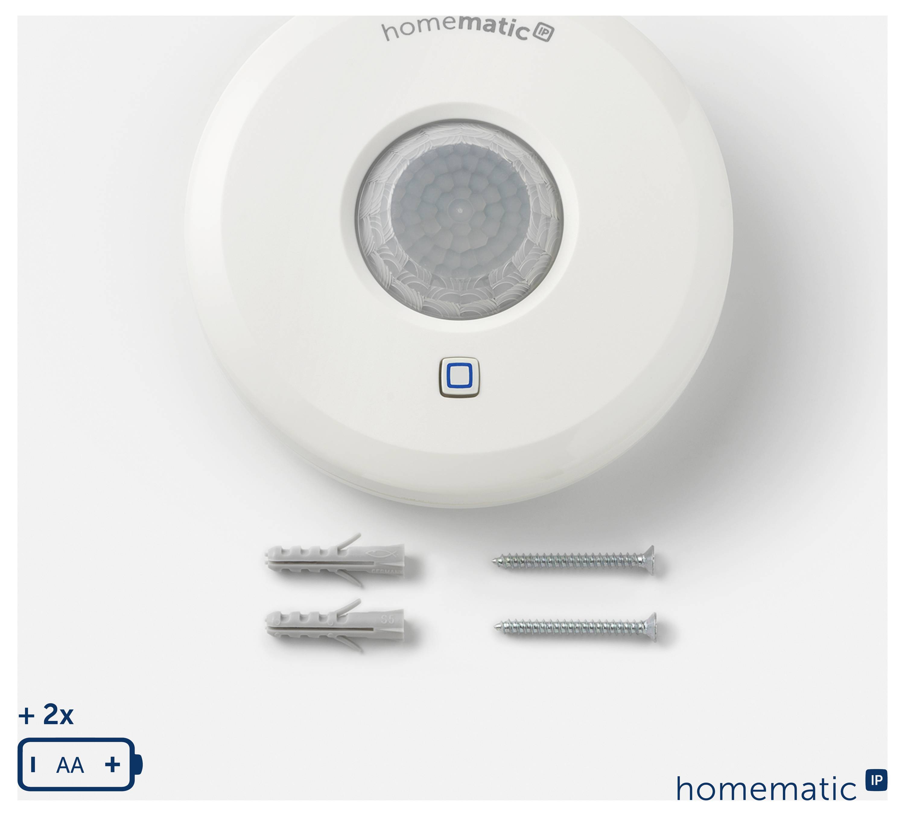 Homematic Deckenbe­wegungsmelder mit Befestigungsschrauben und Wanddübeln auf weißem Hintergrund.