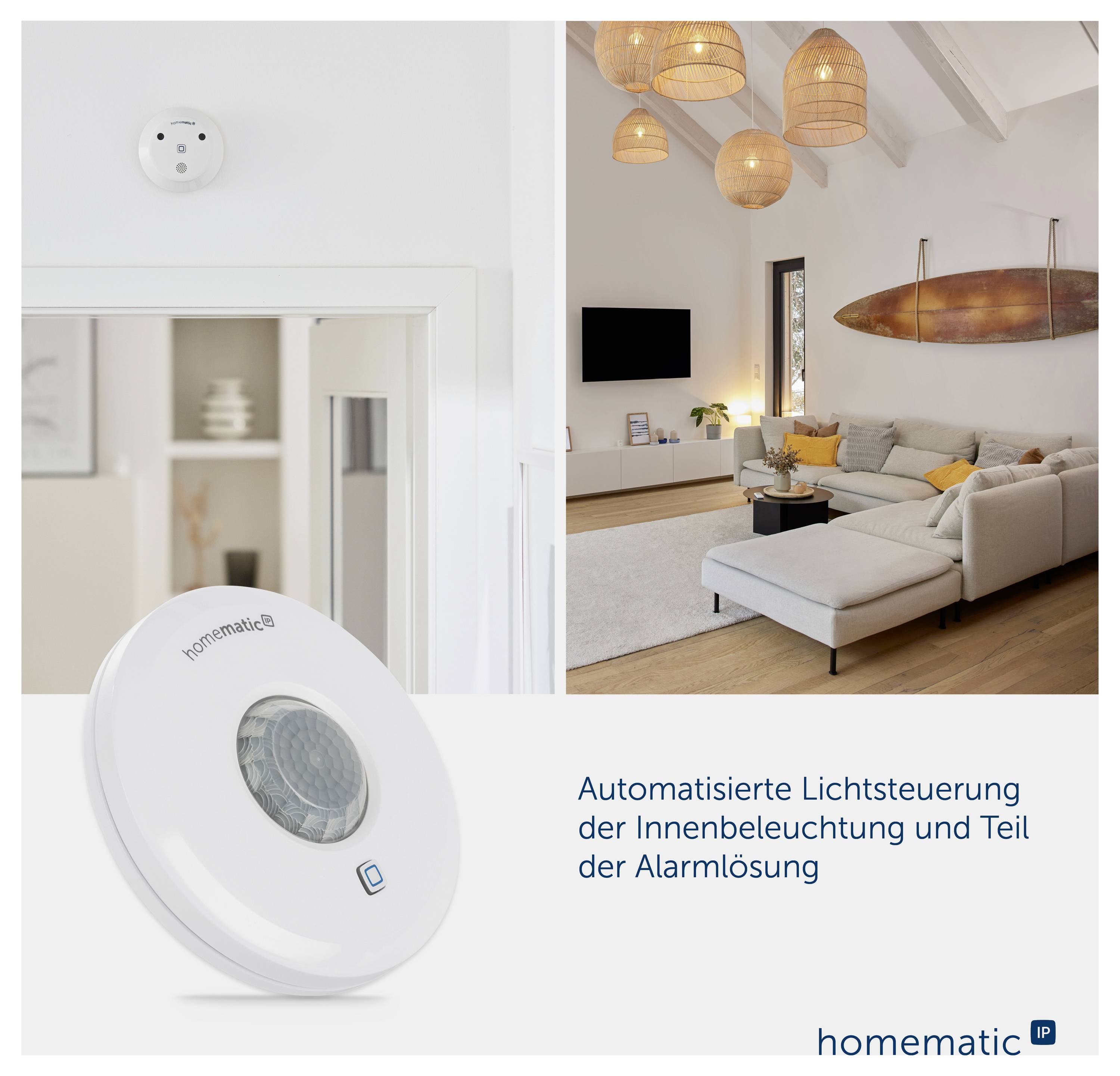 Werbeabbildung für Homematic IP: Präsenzmelder und Wohnzimmer mit automatisierter Lichtsteuerung; Teil einer Alarmanlage.