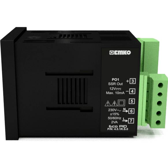 Ein schwarzer elektronischer Schaltkasten mit grünen Anschlüssen. Aufschrift: Emko. PO1 SSR Out. 12V, Max. 10mA. 230V ±15%, 50/60Hz, 2VA. Eco PID.