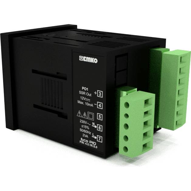 Ein schwarzes elektrisches Gerät mit grünen Anschlussklemmen. Beschriftet mit Spezifikationen wie 12V, 230V und maximal 10A.