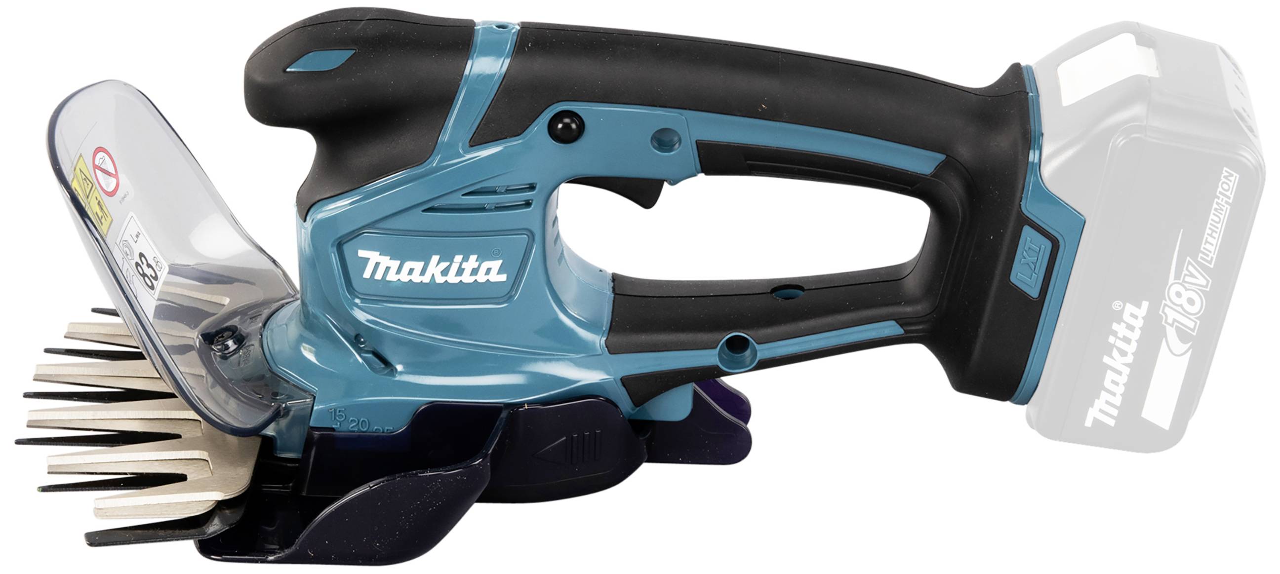 Kabelloses Gartengerät mit Batterie, blau, Marke sichtbar. Entwickelt zum Trimmen von Gras, mit ergonomischem Griff und Schutzabdeckung.