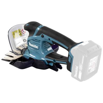 Eine Makita Akku-Grasschere mit Schutzabdeckung und Li-Ion-Akku. Sie ist blau-schwarz und zum Trimmen von Gras konzipiert.