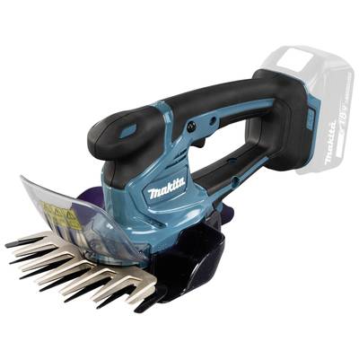 Eine blaue und schwarze elektrische Heckenschere von Makita mit einem durchsichtigen Schutzschild und mehreren Klingen.