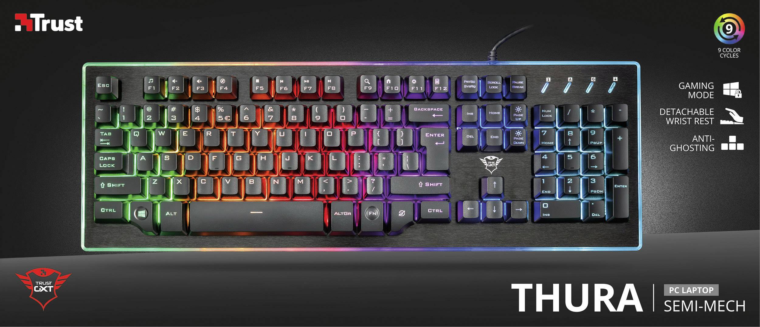 Trust GXT 860 Thura Semi-Mechanical USB Gaming-Tastatur Deutsch, QWERTZ Schwarz Beleuchtet, Handballenauflage-2