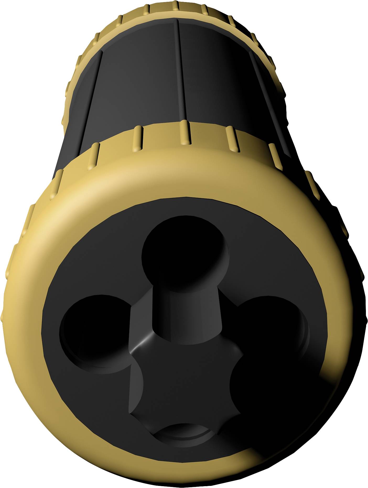 Ein schwarzer Zylinder mit gelbem Ring und kreisförmigen Öffnungen an der Vorderseite, möglicherweise ein Werkzeugaufsatz.