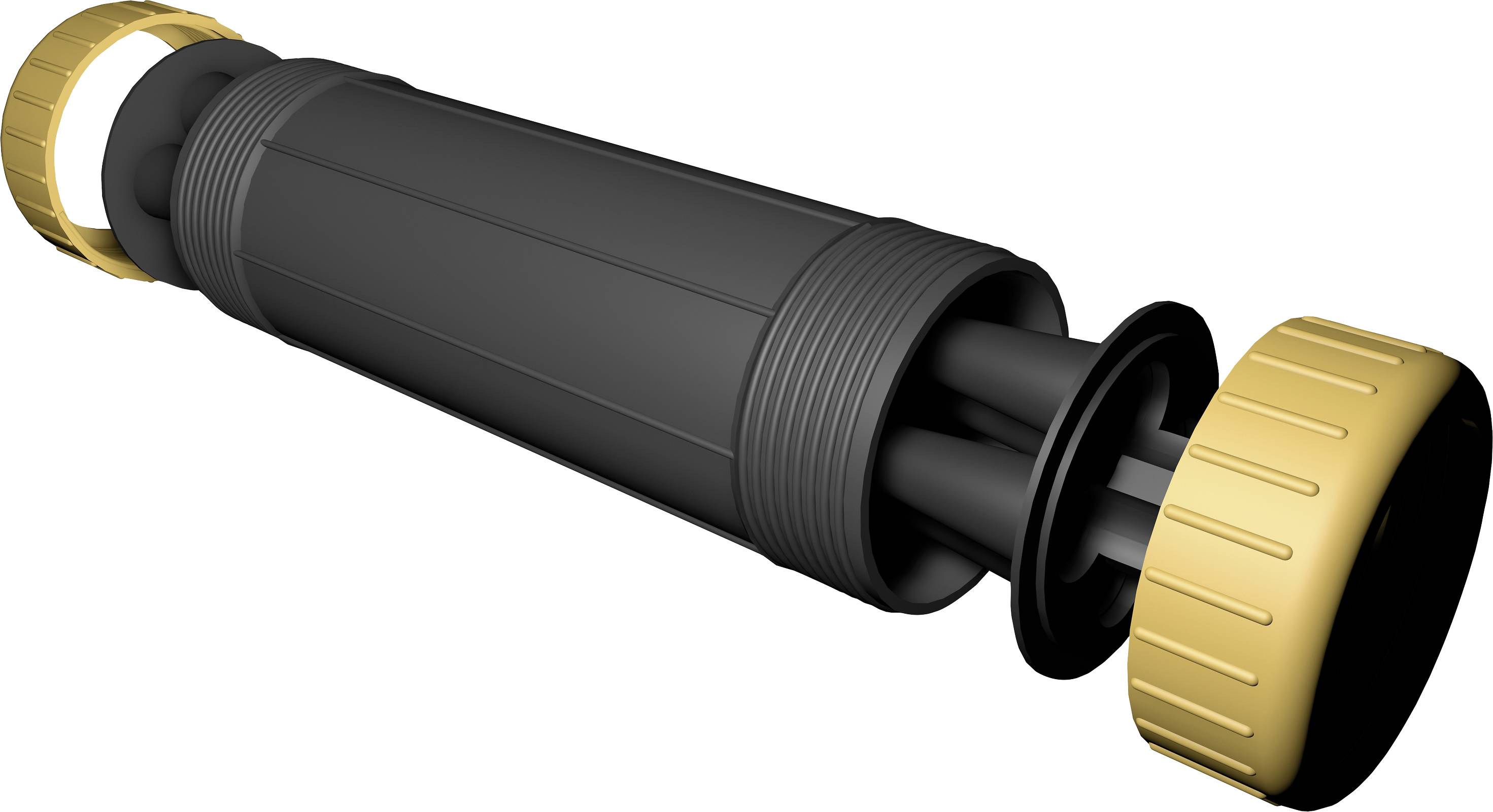 Ein schwarzer Schlauchadapter mit goldfarbenen Enden, geeignet für die Verbindung von Schläuchen in Bewässerungssystemen.