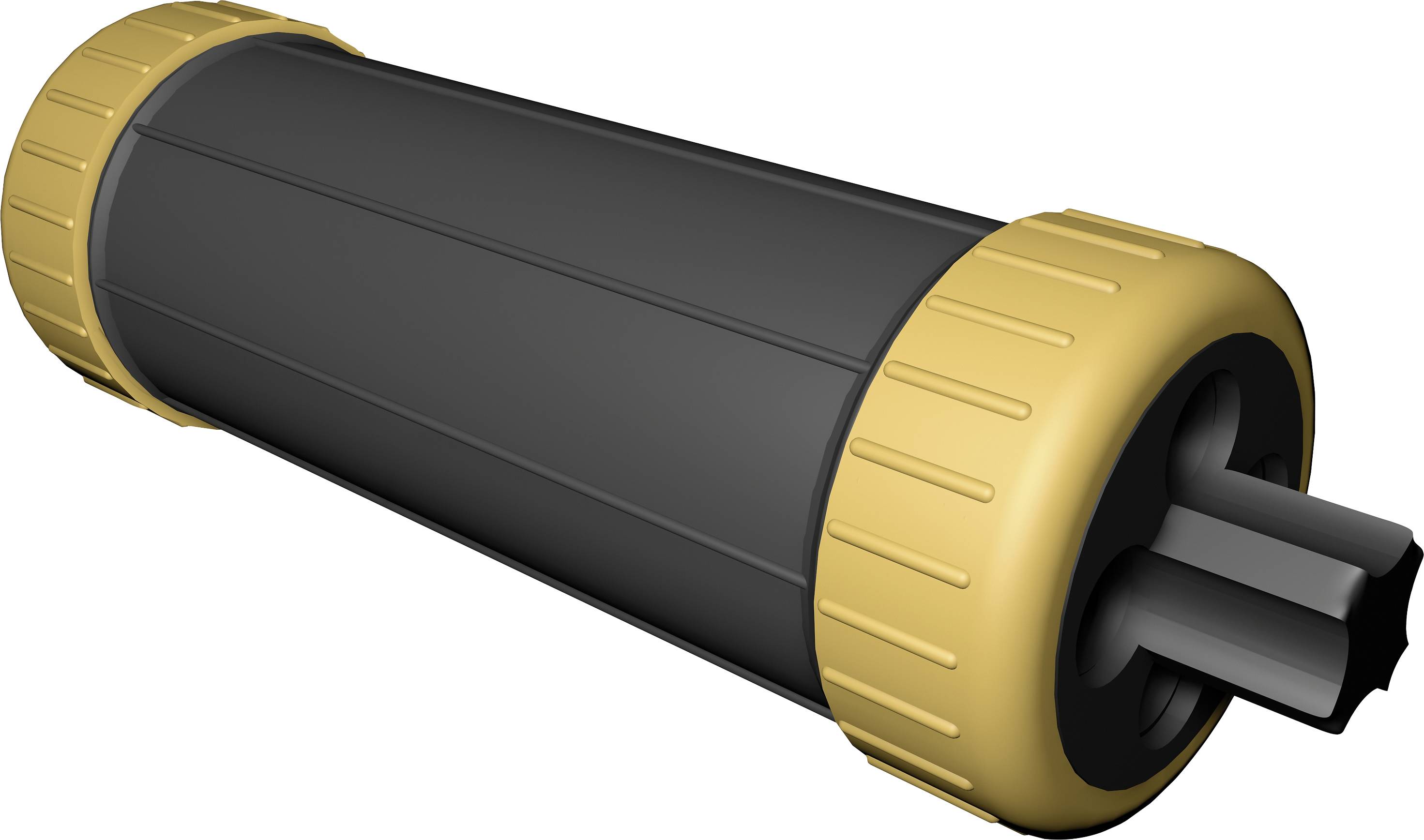 Schwarzer, zylindrischer Kunststoffgriff mit gelben Endkappen und einem sternförmigen Einsatz an einem Ende.