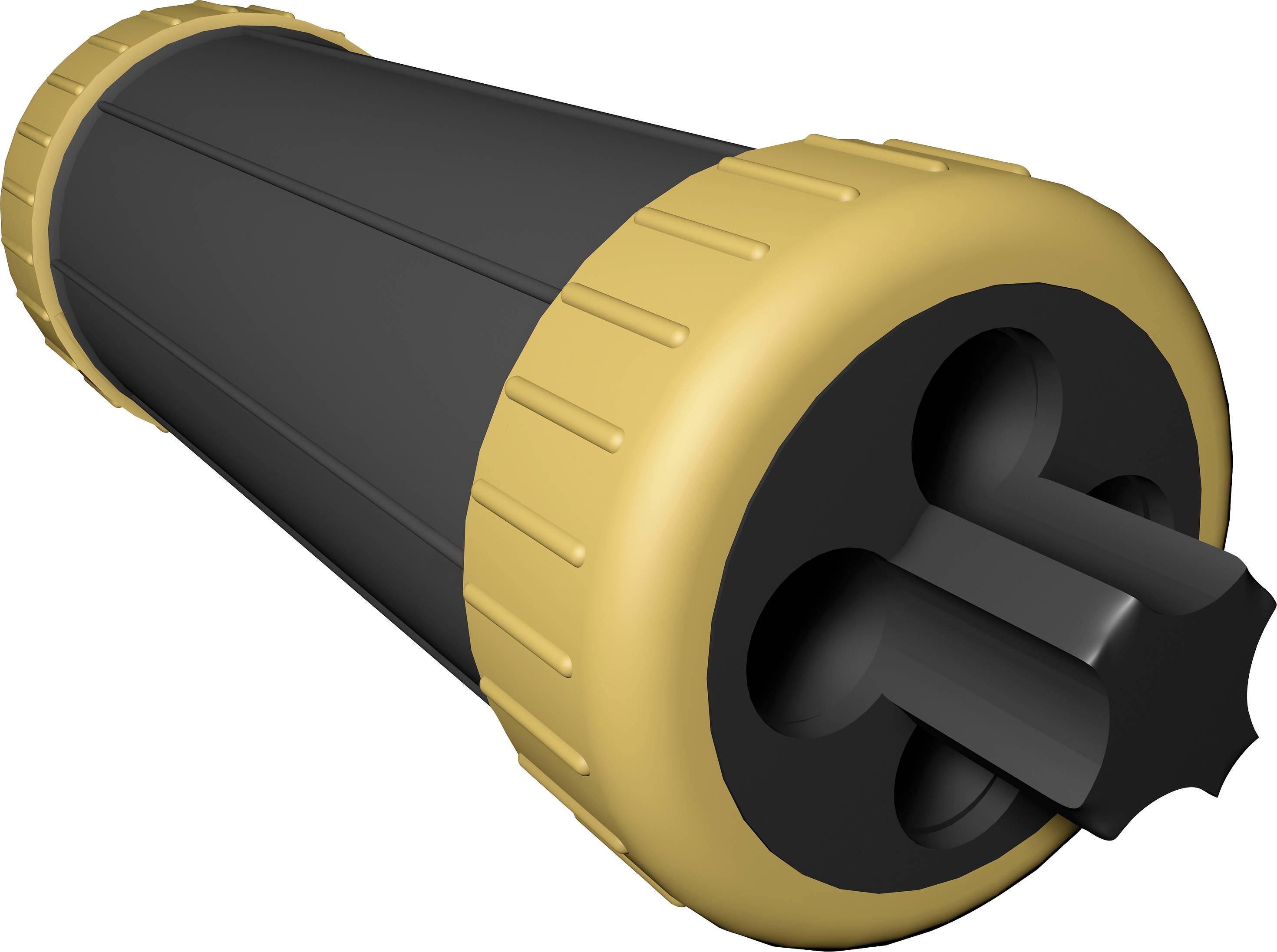 Schwarz-goldener Zylinder mit runden Enden, ähnlich einem Konsolen-Controller-Stick. Hauptsächlich ein technisches Bauteil.