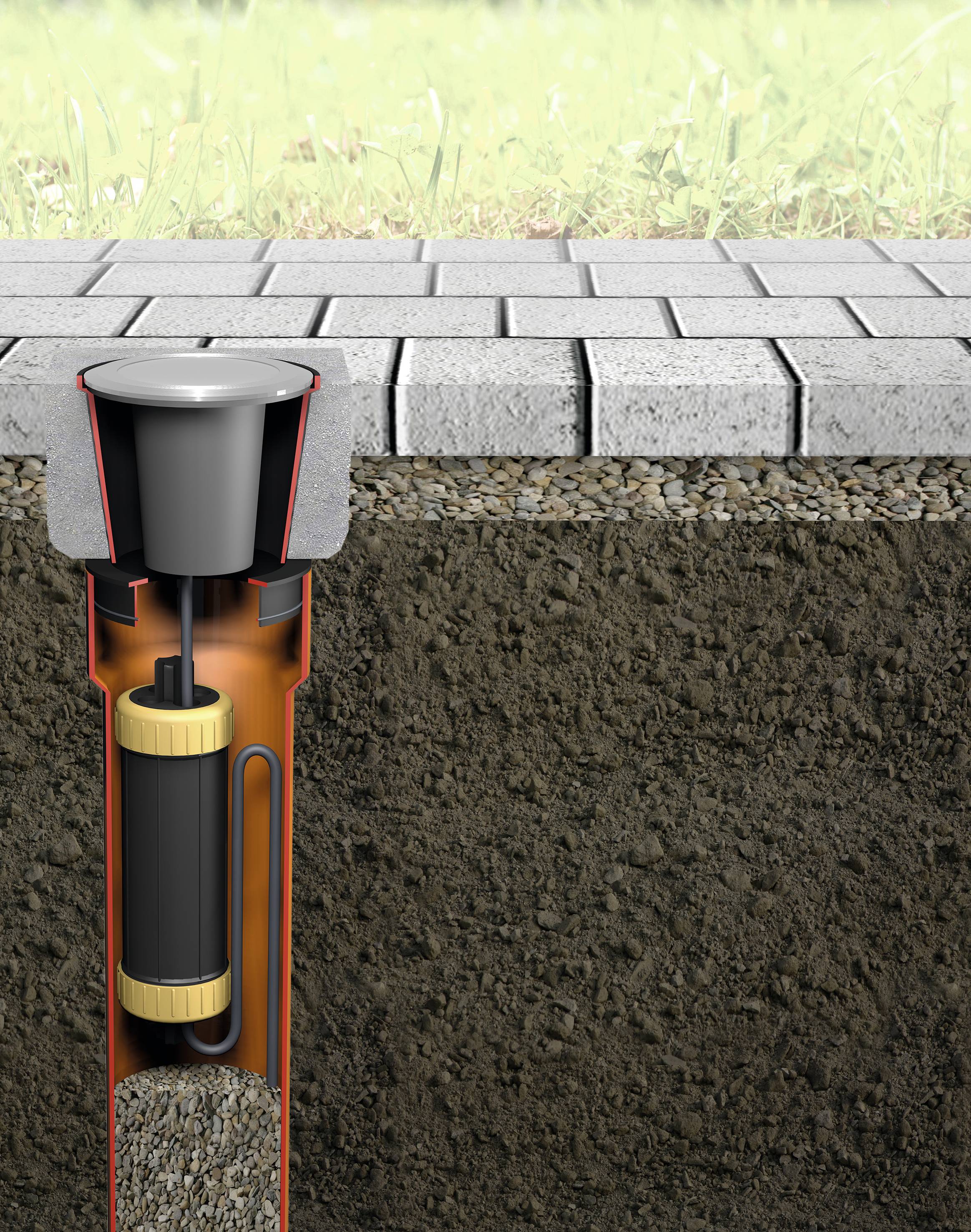 Querschnittsdarstellung eines Entwässerungssystems unter Pflastersteinen, zeigt Filter und Reservoir, um Regenwasser abzuleiten.