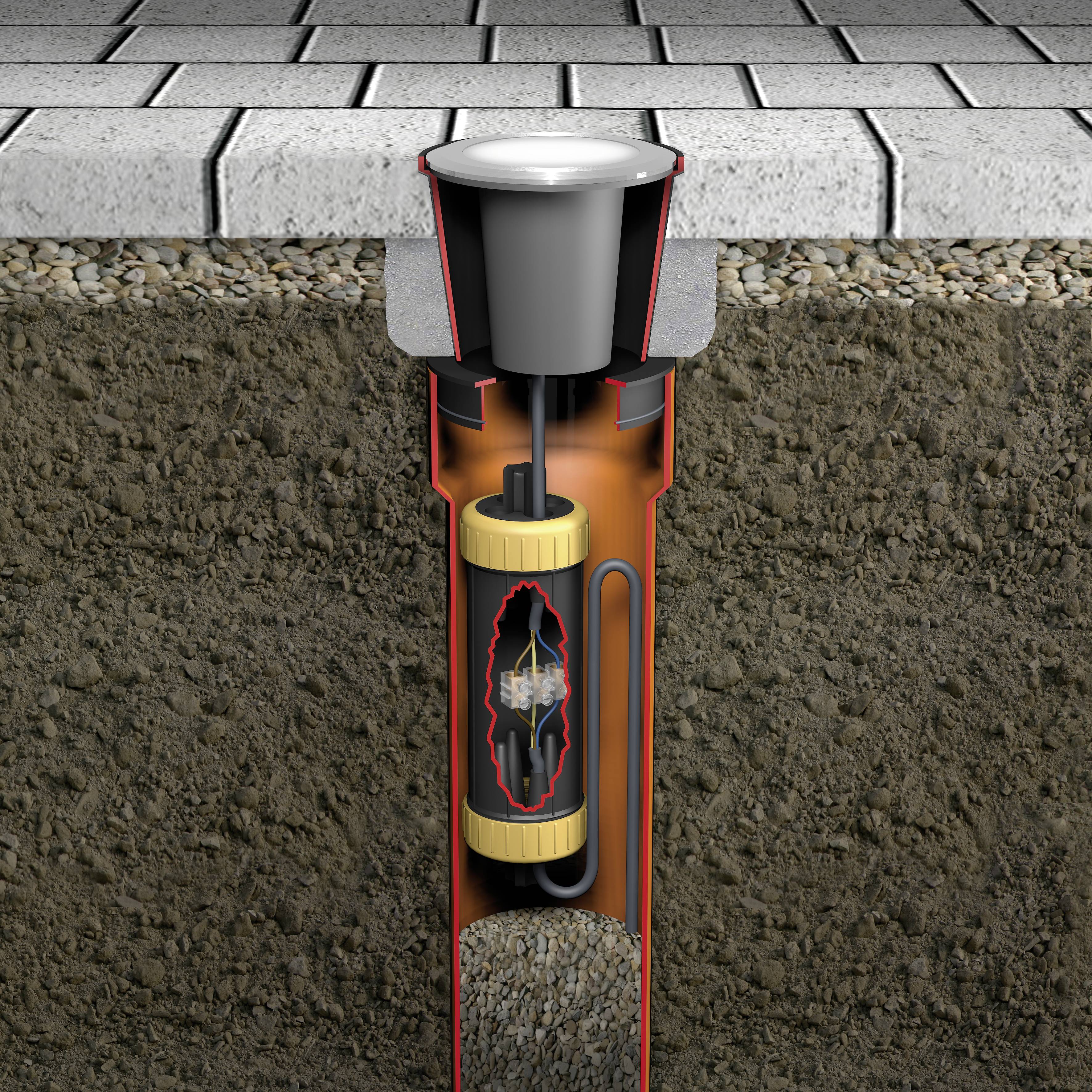 Illustration eines unterirdischen Abfallbehälters mit halbtransparentem Querschnitt zeigt die Lagerung und den Entleerungsmechanismus.