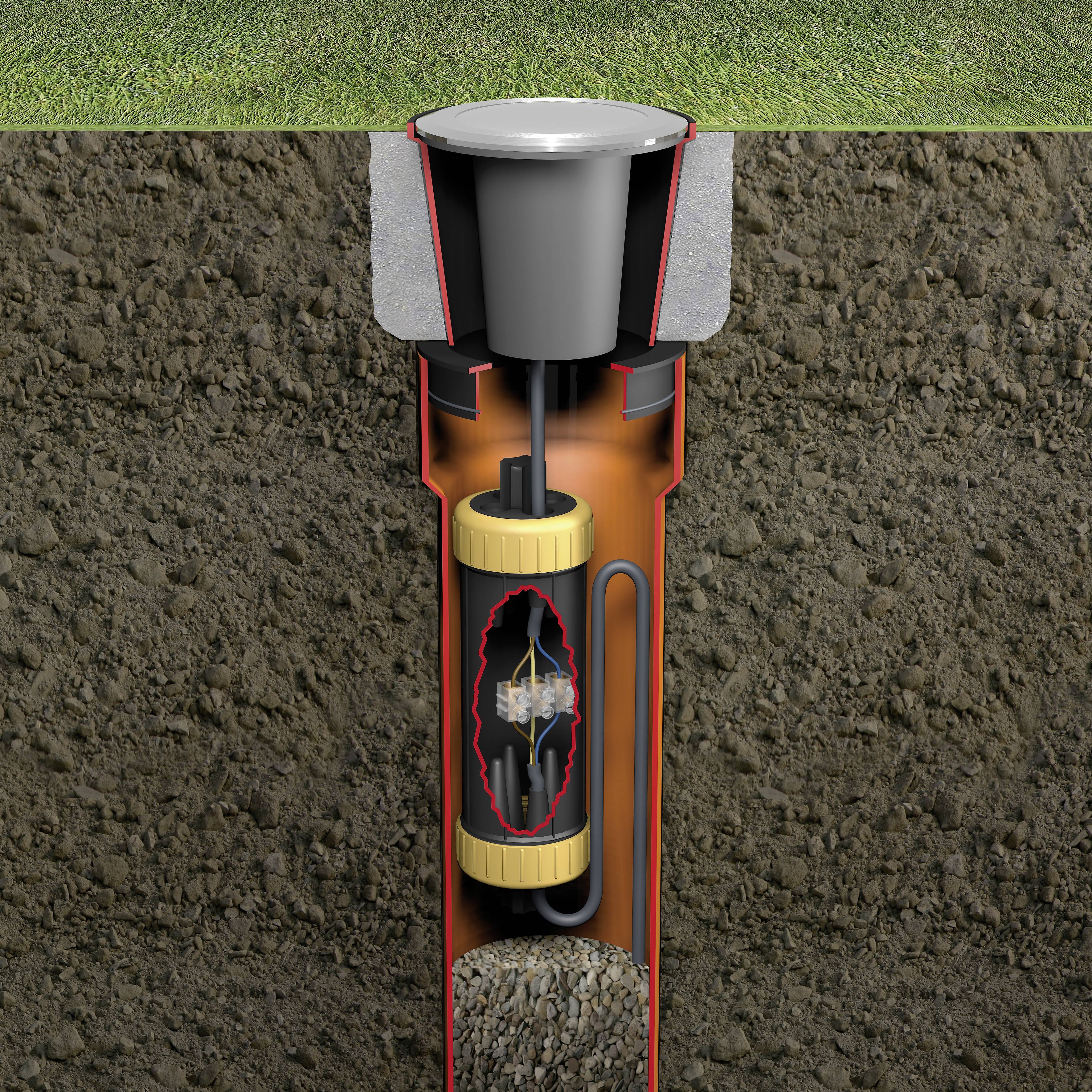 Die Grafik zeigt einen unterirdischen Regenwassersammler mit Filtern und Rohren, eingebettet in Erde, zur Darstellung des Wasserleitungsprozesses.