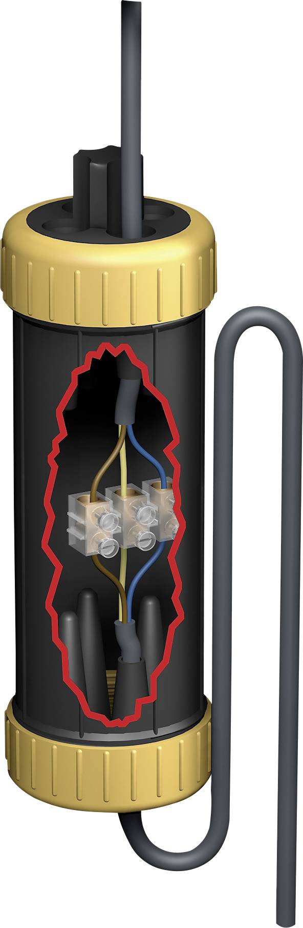 Schematische Darstellung eines zylindrischen elektrischen Bauteils mit sichtbaren inneren Kabelverbindungen, umgeben von einem gelblichen Gehäuse.