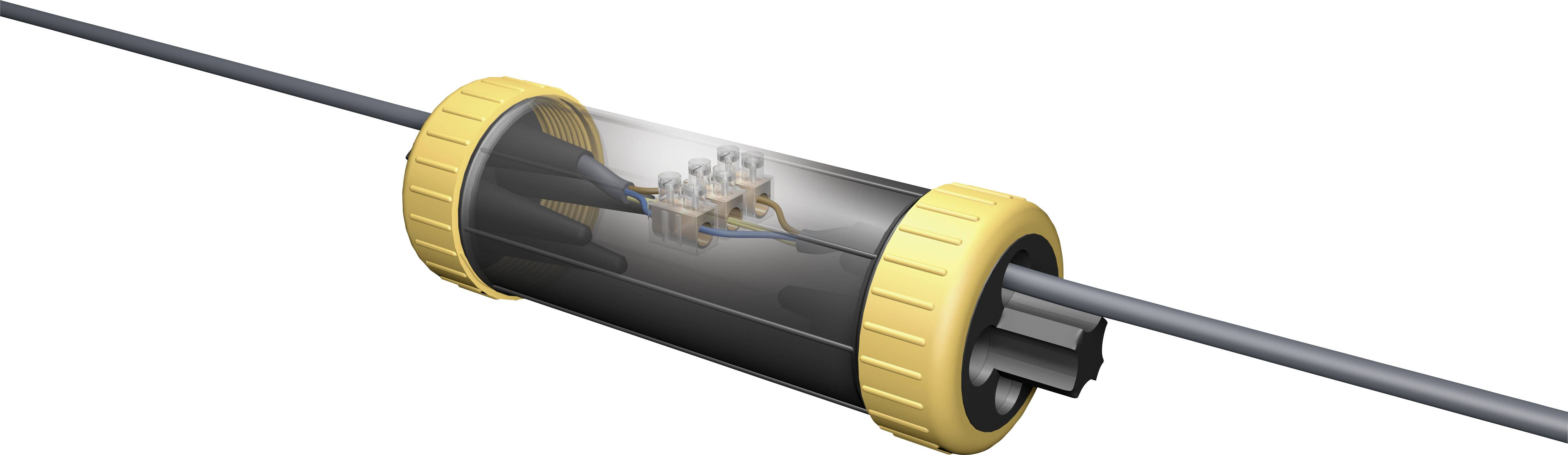 Ein transparentes Rohr zeigt innenliegend elektrische Verbindungen. Gelbe Endkappen halten ein Kabel innerhalb des Rohrs.