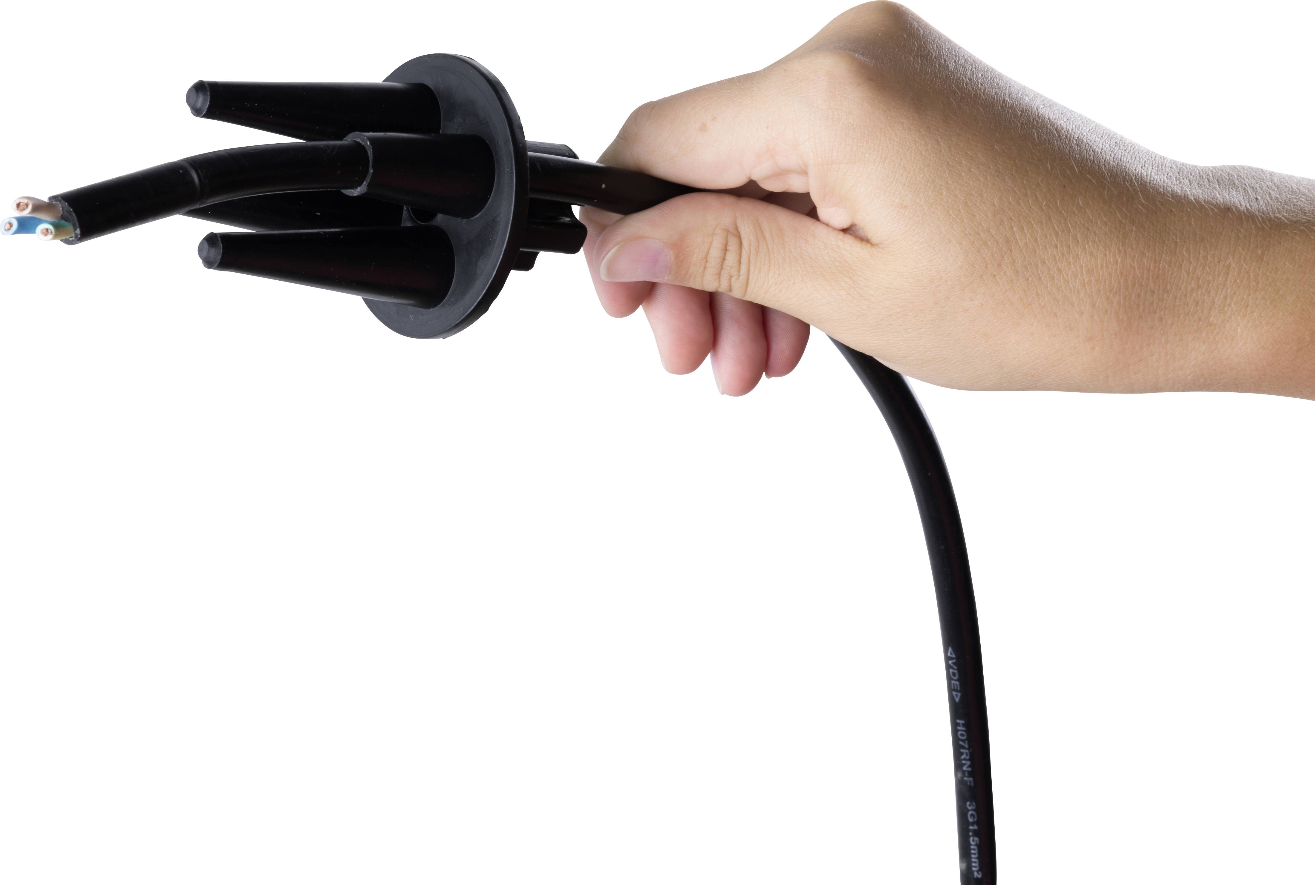 Eine Hand hält ein schwarzes Kabel mit mehreren offenen Enden, das für technische oder elektrische Arbeiten geeignet ist.