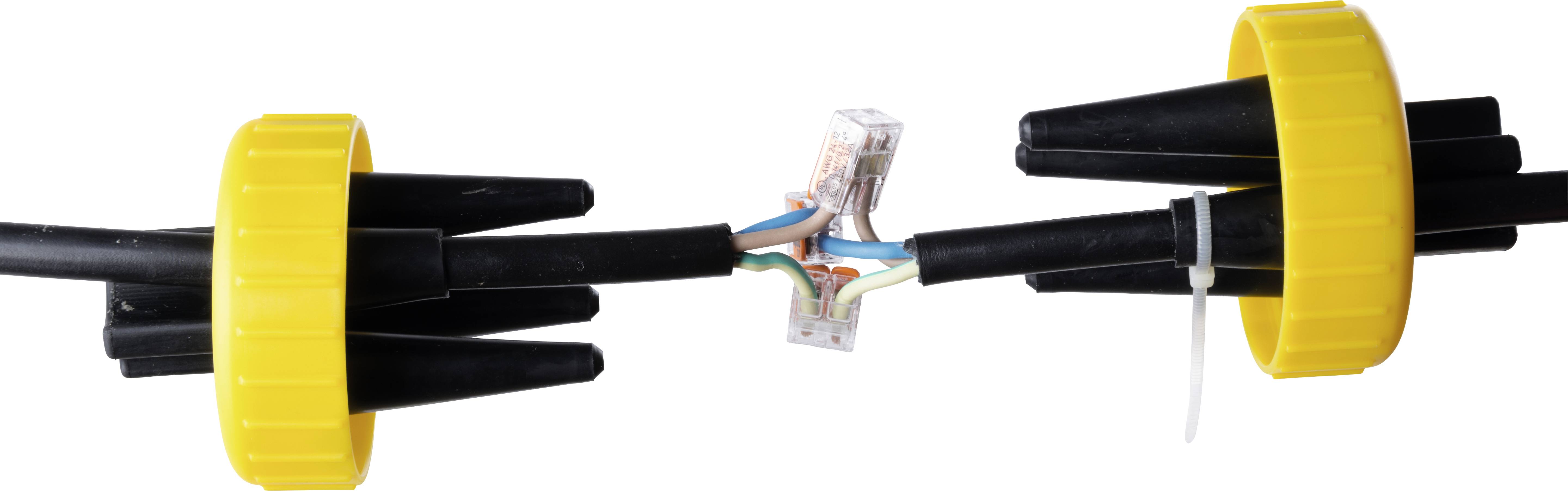 Zwei schwarze Kabel sind durch einen transparenten Verbinder in der Mitte verbunden. Gelbe Schutzabdeckungen umgeben die Kabelenden.