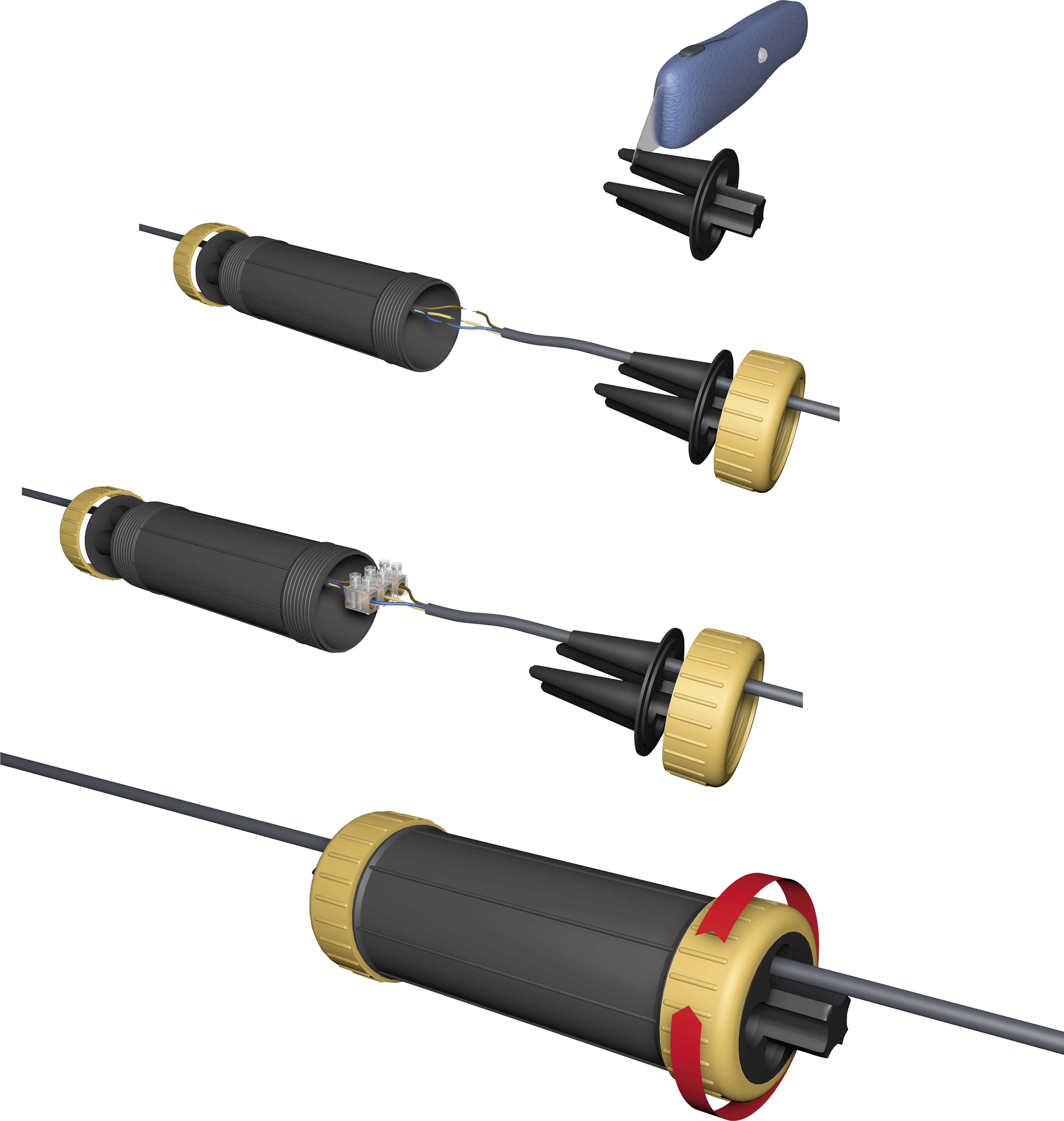 Ein Diagramm zeigt den Zusammenbau eines wasserdichten Kabelverbinders in Schritten: Kabel einfädeln, Anschluss herstellen, Gehäuse verschrauben.