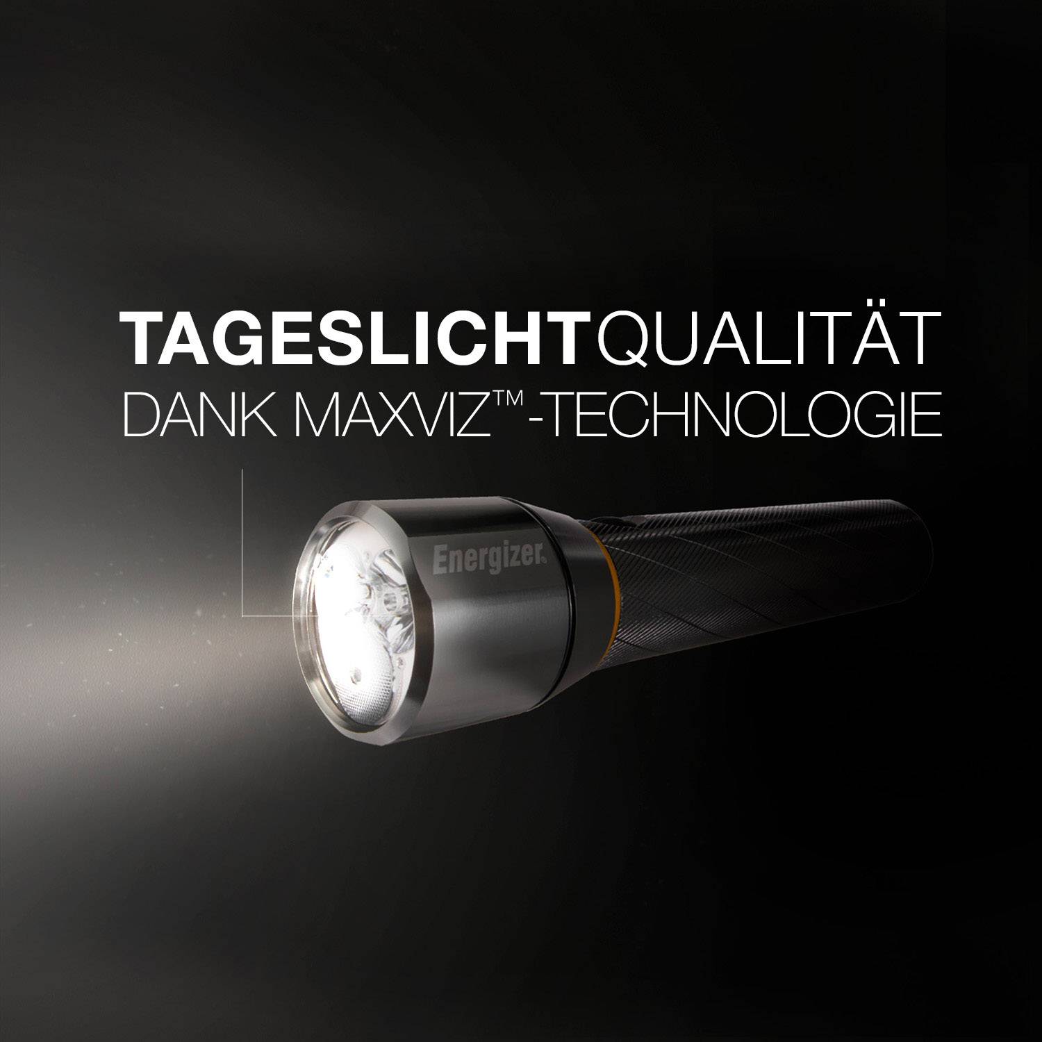 'Taschenlampe strahlt helles Licht aus. Text: Tageslichtqualität dank MAXVIZ-Technologie.'