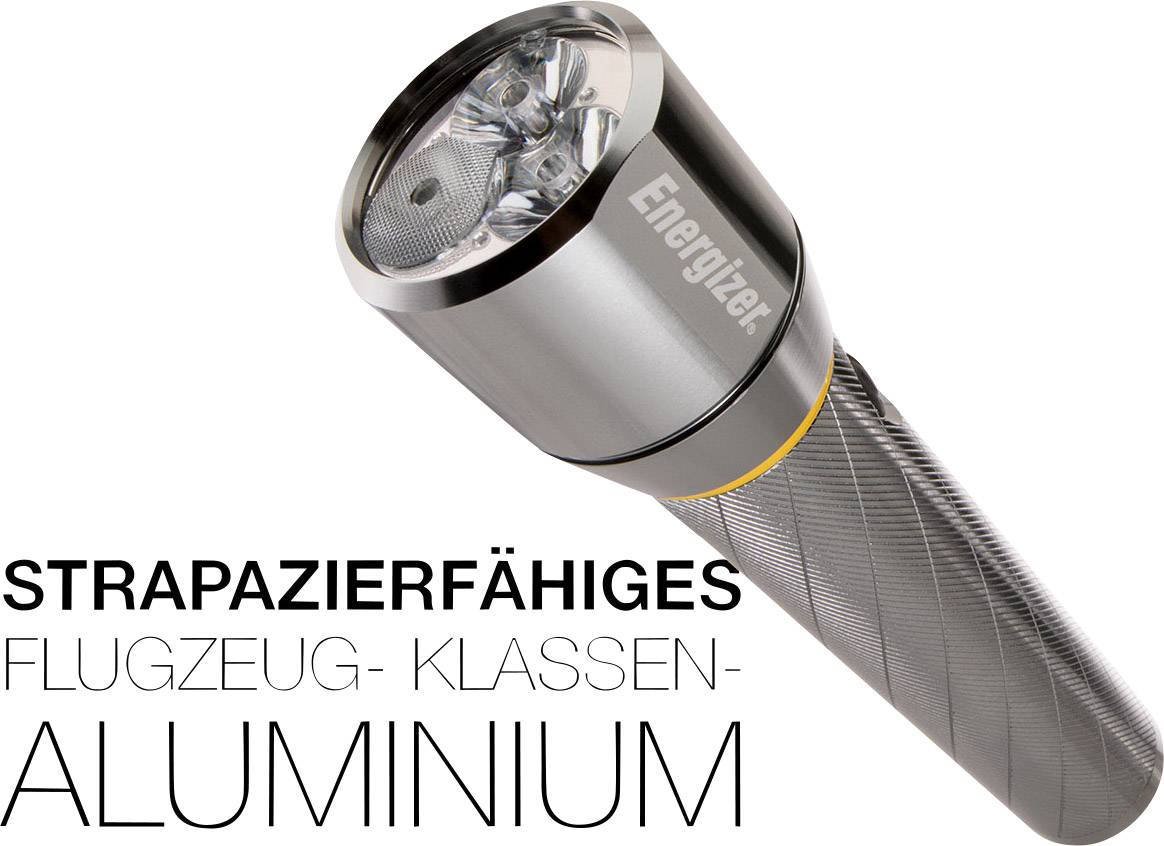 Taschenlampe aus strapazierfähigem Flugzeugaluminium, Energiequelle von Energizer, robustes Design.