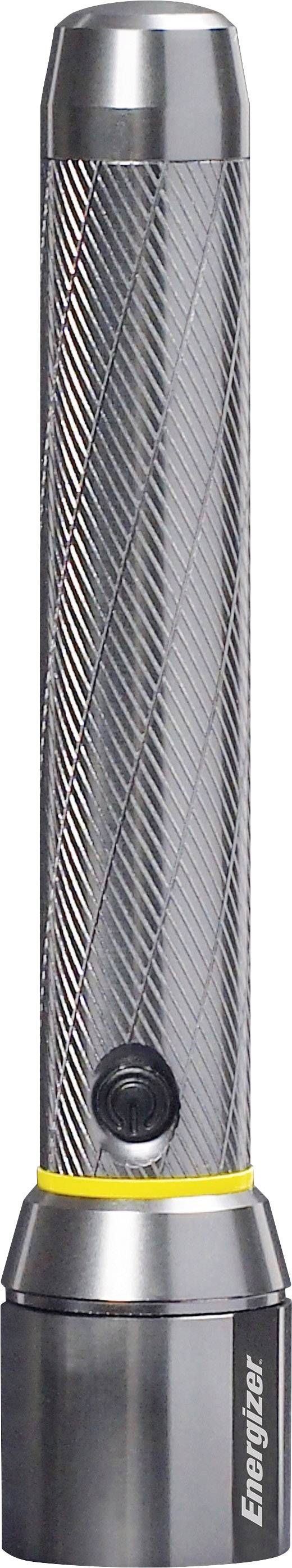 Silberfarbene Taschenlampe mit strukturiertem Griff, einem schwarzen Schalter und gelbem Ring zwischen Griff und Kopf.