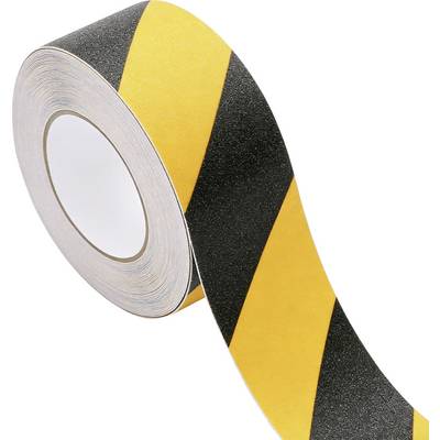 Eine Rolle Absperrband mit abwechselnden schwarzen und gelben diagonalen Streifen, die zur Kennzeichnung von Gefahren oder gesperrten Bereichen verwendet wird.