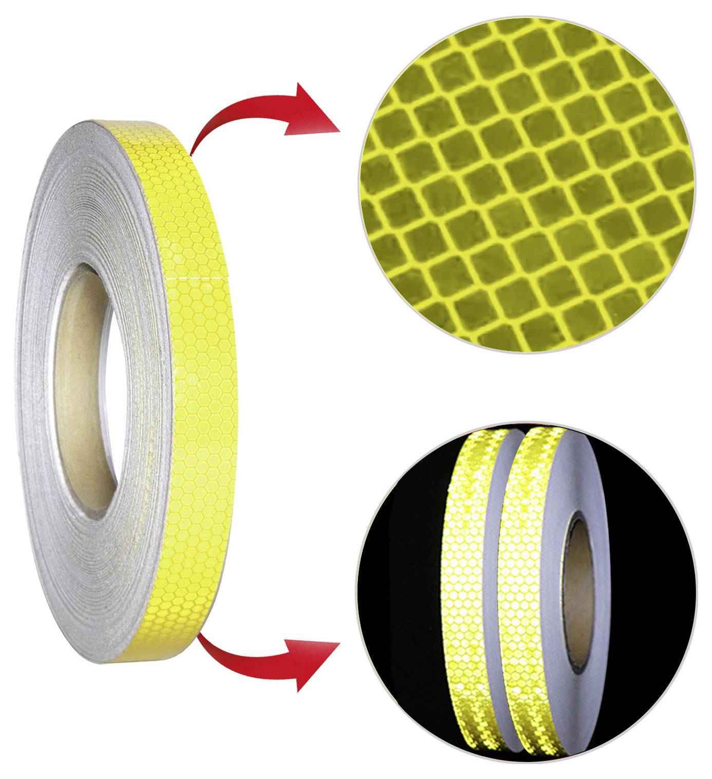 Rolle mit gelbem reflektierendem Klebeband mit Wabenmuster, dargestellt mit vergrößerter Nahaufnahme und angebrachtem Streifen-Beispiel auf einer anderen Rolle.