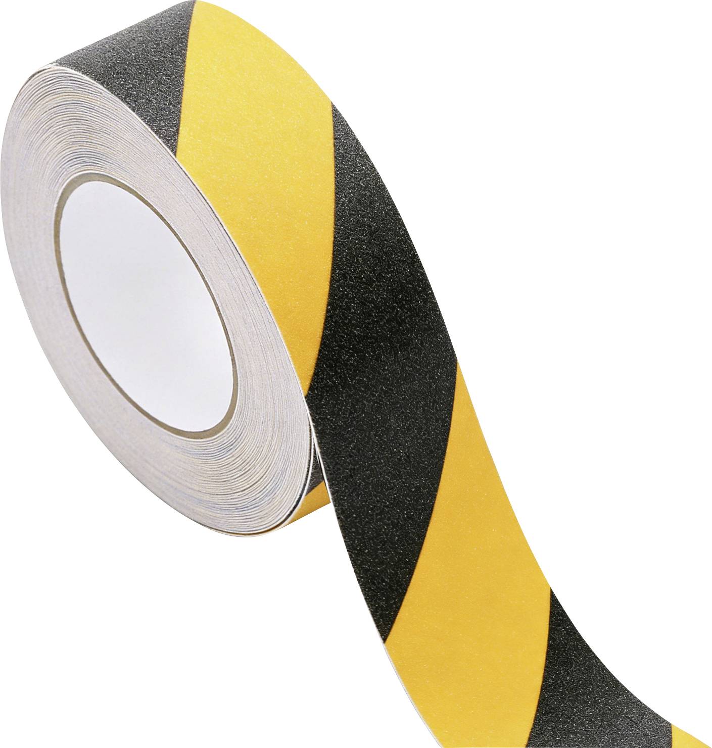 Eine Rolle Klebeband mit schwarzen und gelben diagonalen Streifen, häufig verwendet für Sicherheitskennzeichnung und Gefahrenerkennung.