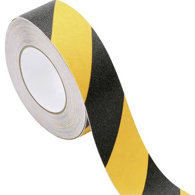 Eine Rolle Klebeband mit schwarzen und gelben diagonalen Streifen, häufig verwendet für Sicherheitskennzeichnung und Gefahrenerkennung.