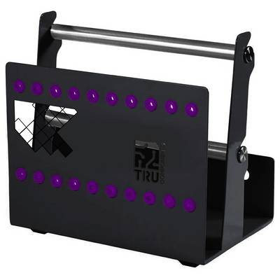 Schwarzes rechteckiges Industriegerät mit violetten Befestigungselementen und Metallgriffen, dargestellt auf weißem Hintergrund.
