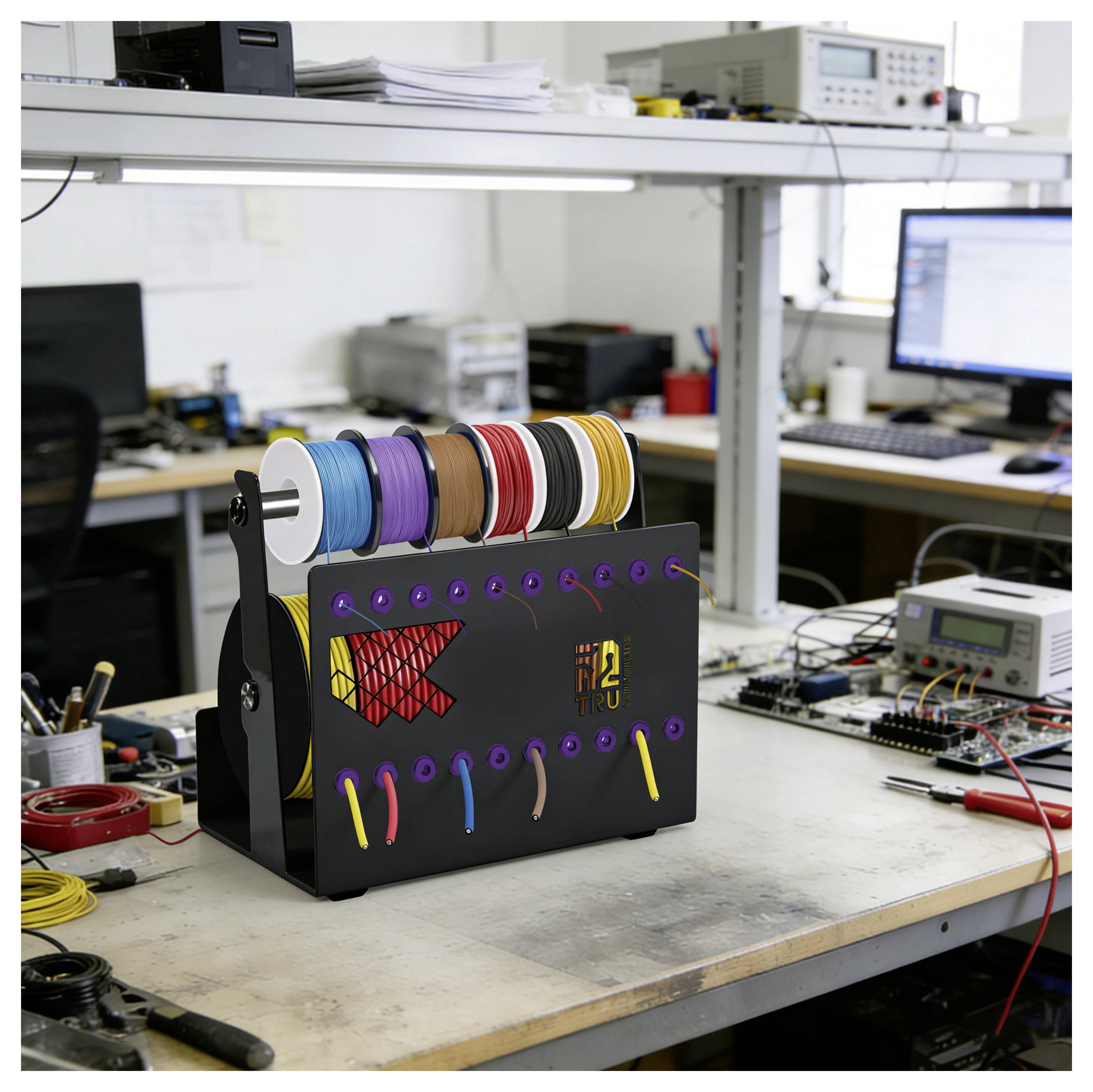 Elektronische Werkbank mit einem Spulenregal aus farbigem Draht oder Filament auf einem schwarzen Gestell, umgeben von Laborwerkzeugen, Kabeln und Testgeräten.