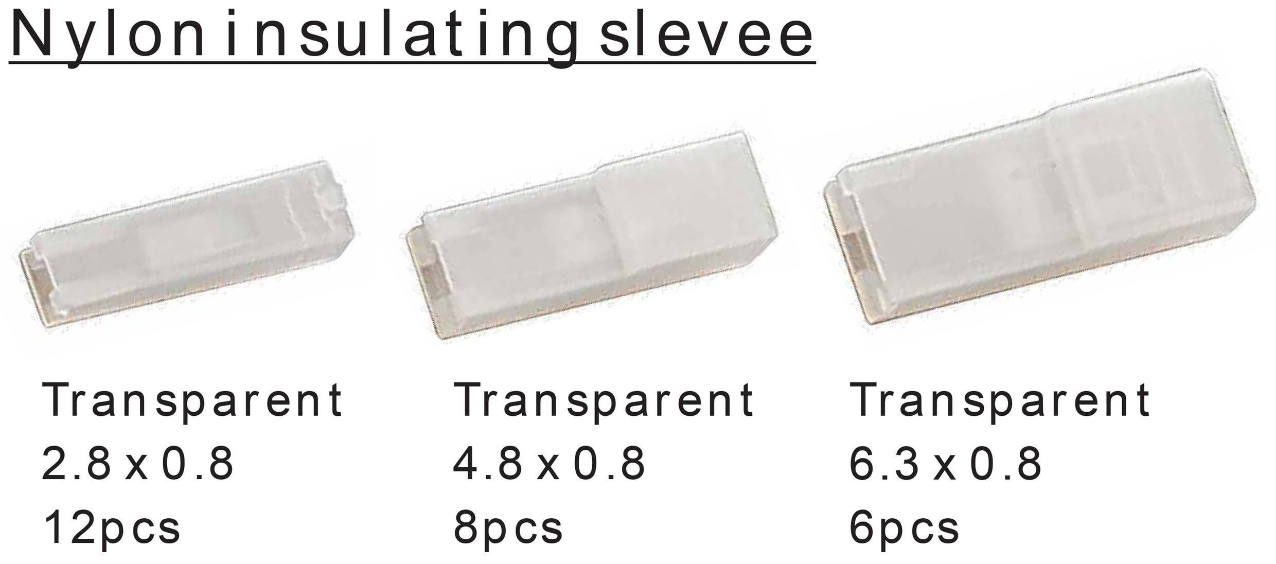 'Drei Nylon-Isolationshülsen in verschiedenen Größen: 2,8 x 0,8 mm (12 Stück), 4,8 x 0,8 mm (8 Stück), 6,3 x 0,8 mm (6 Stück).'