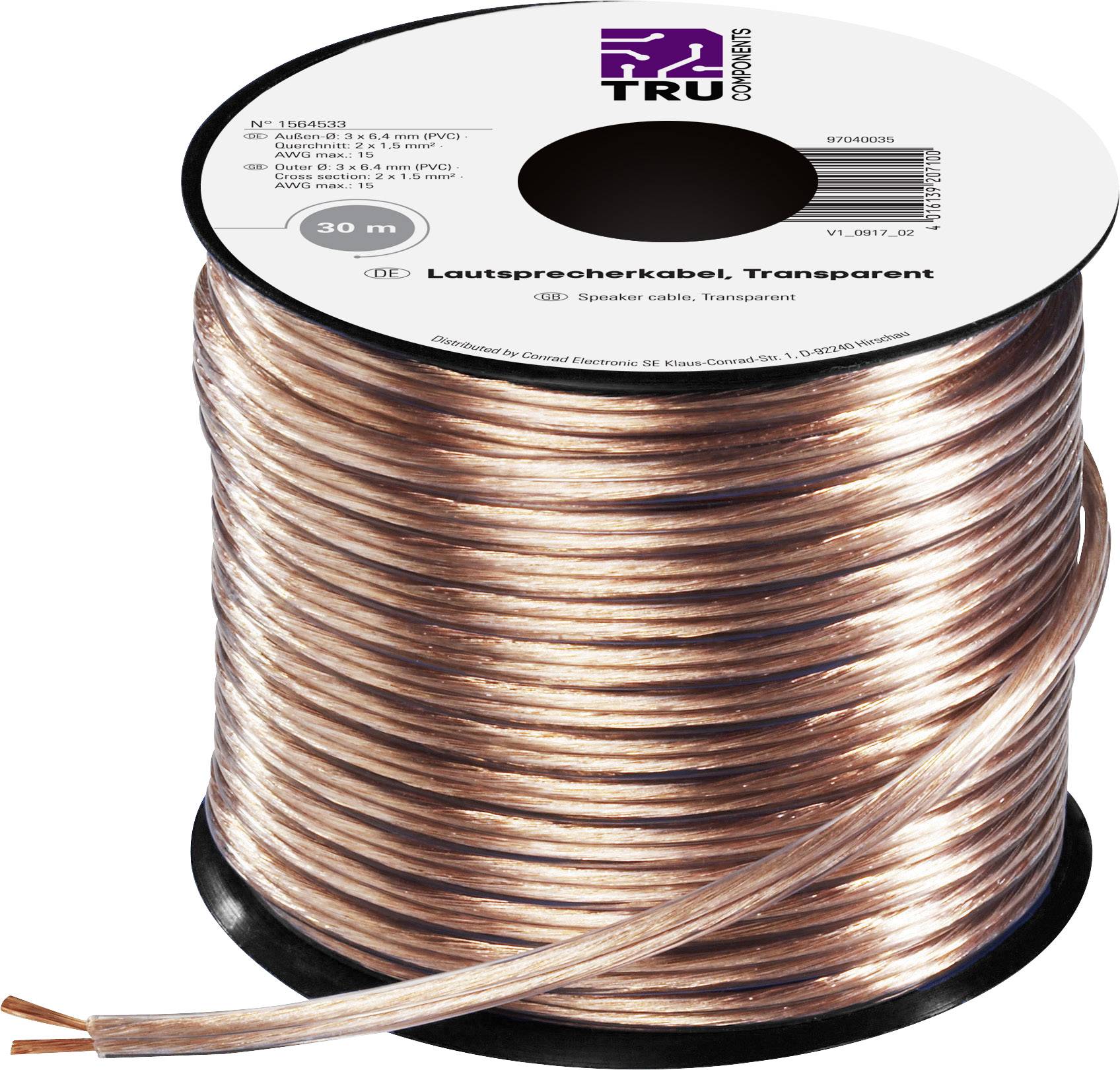 TRU COMPONENTS 1564533 Lautsprecherkabel 2 x 1.5 mm² Transparent 30 m