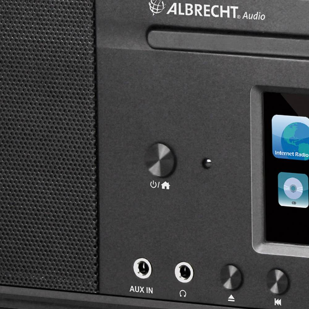 Ein Radio mit Lautsprecher zeigt ein Display mit 'Internet Radio'. Es hat AUX-Anschluss und Bedientasten auf der Vorderseite.