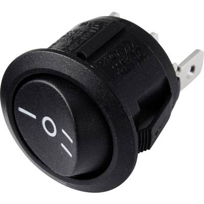 Schwarzer Kippschalter mit weißem Ein/Aus-Symbol, vier Anschlüsse auf der Rückseite, benutzt für elektronische Geräte.