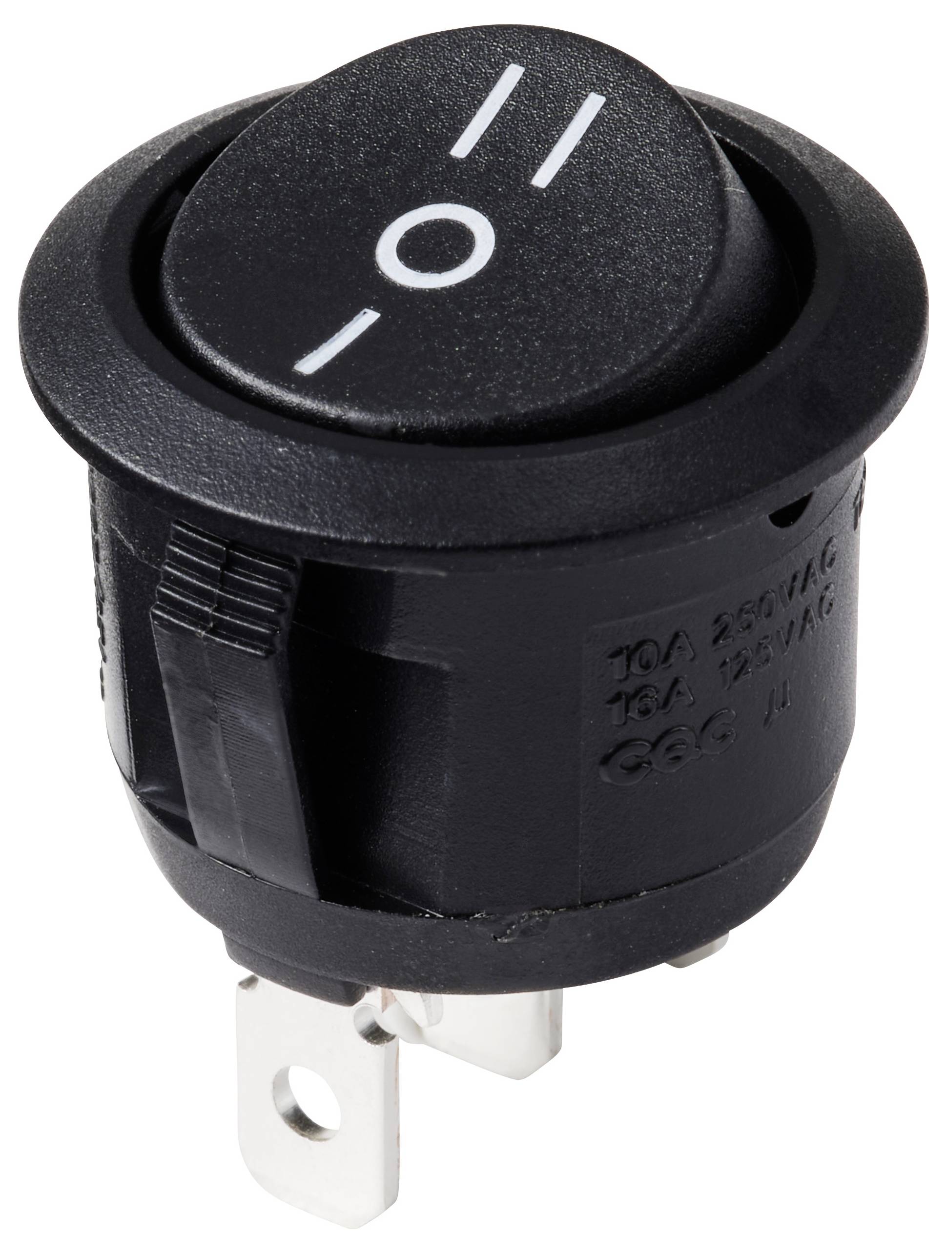 Ein runder, schwarzer Kippschalter mit einem weißen Strich und Null-Symbol. Geeignet für elektrische Geräte.