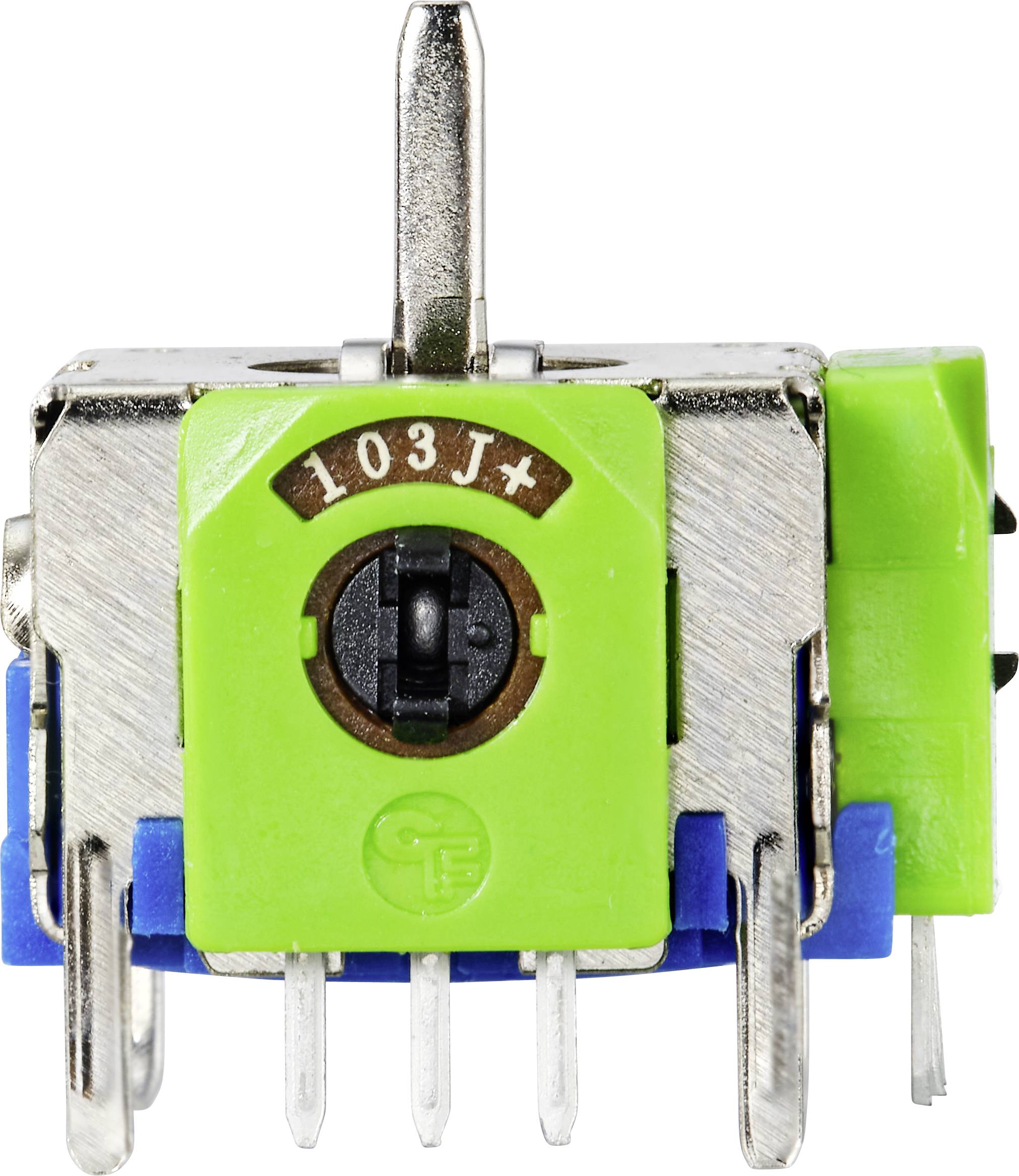 Ein kleiner elektrischer Kippschalter mit grünem Gehäuse und Metallhebel; Aufdruck '103J+', sichtbar auf der Oberseite.