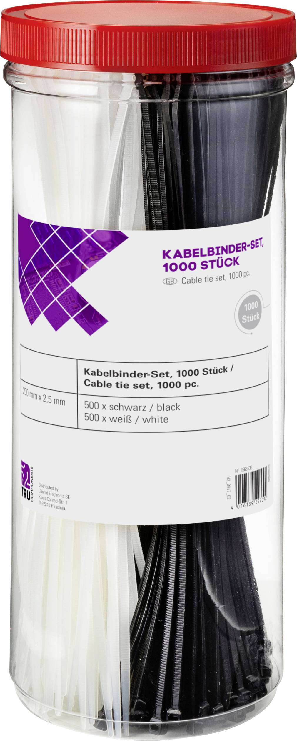 TRU COMPONENTS 1566535 28530c209 Kabelbinder 200 mm 2.50 mm Schwarz, Natur 1000 St.