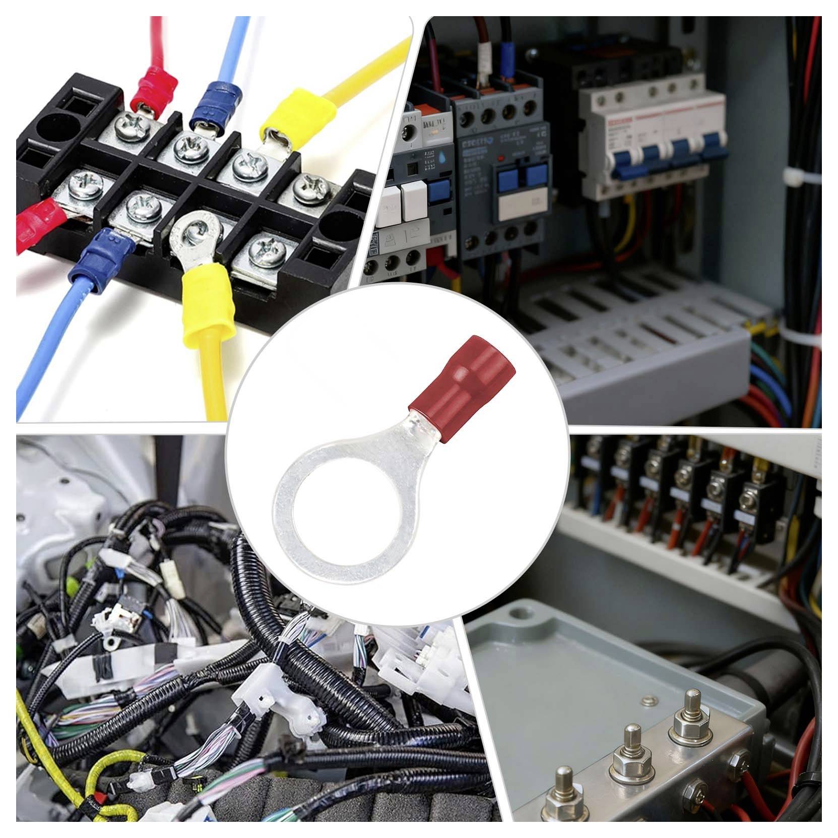 Collage von Elektroinstallationskomponenten: Klemmleisten mit farbigen Drähten, Schaltschrankverkabelung, Kabelbäume und ein zentrierter Ringlappenstecker.