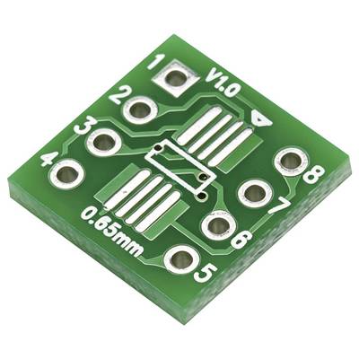 Grüner PCB-Breakout-Board-Adapter mit Bezeichnung V1.0 und 0,65mm, mit nummerierten Durchkontaktierungen 1-8 und oberflächenmontierten Pads.