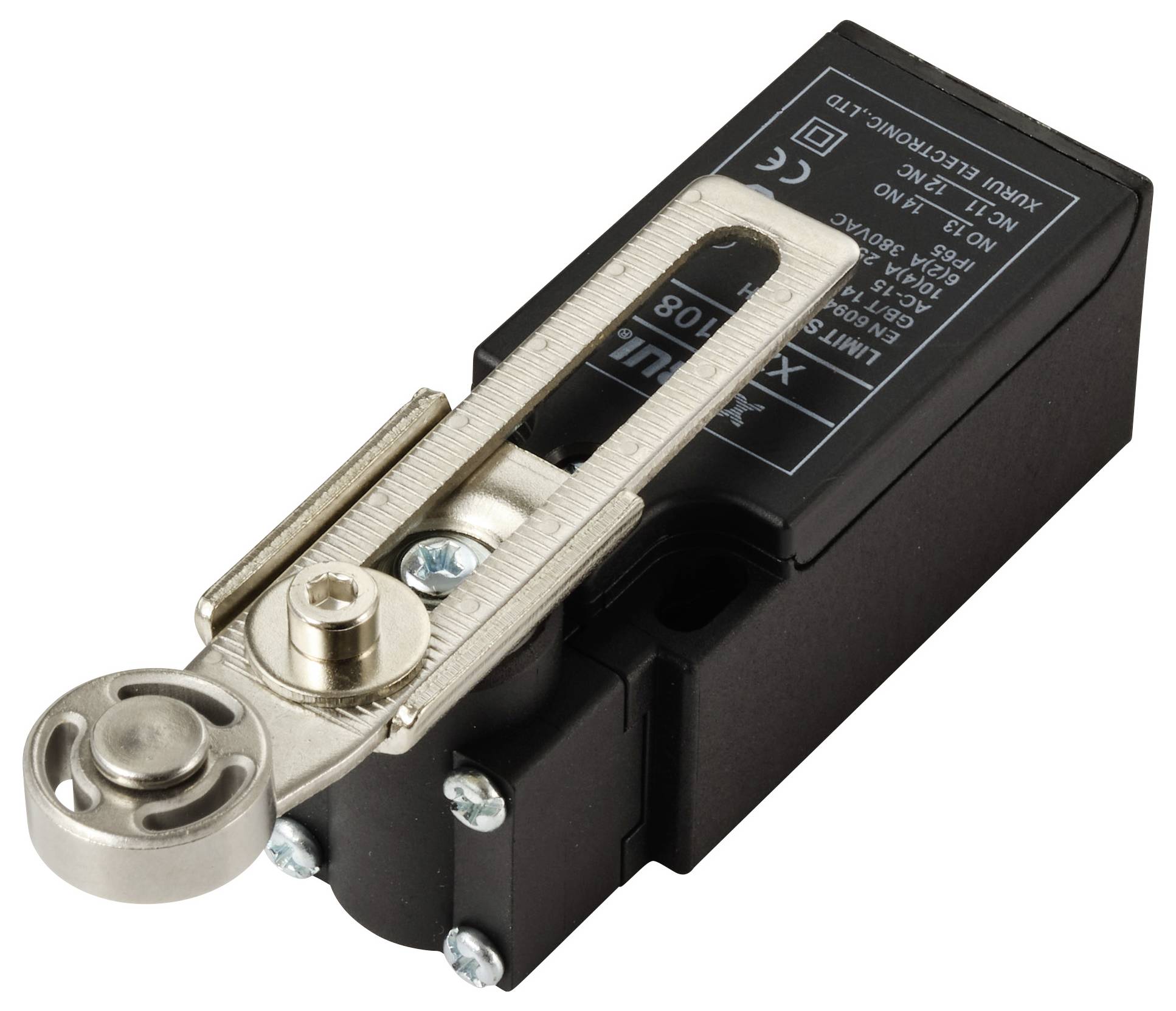 Ein schwarzer elektrischer Endschalter mit Metallhebel und Rollenmechanismus, verwendet zur Steuerung mechanischer Bewegungen.