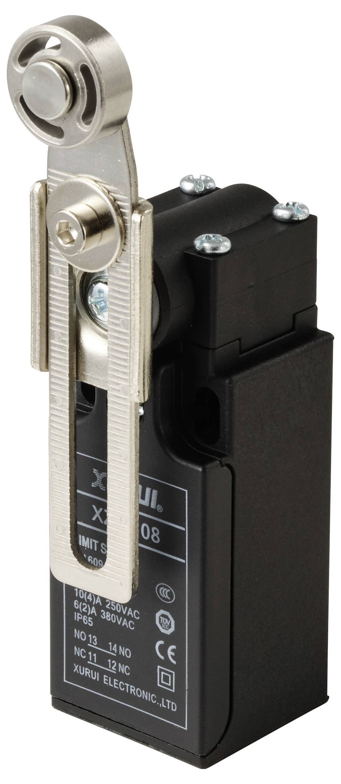 Ein mechanischer Mikroschalter mit Metallhebel und Kunststoffgehäuse. Verwendet zur Steuerung von elektrischen Geräten.