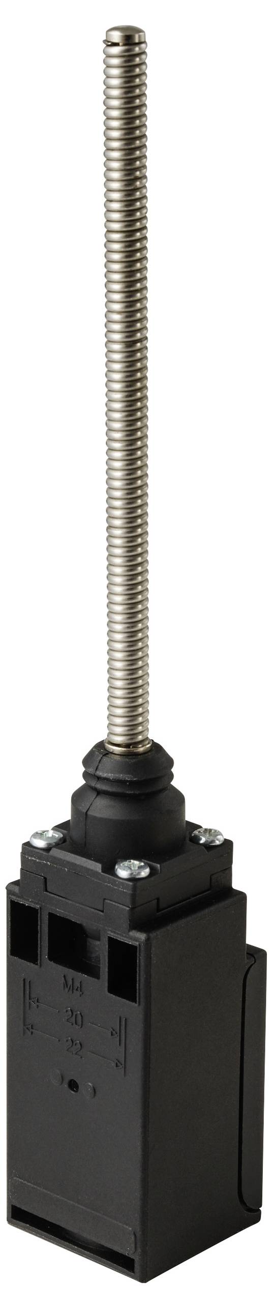 'Ein schwarzer rechteckiger Schalter mit einer langen, silbernen, federbelasteten Stange nach oben.'