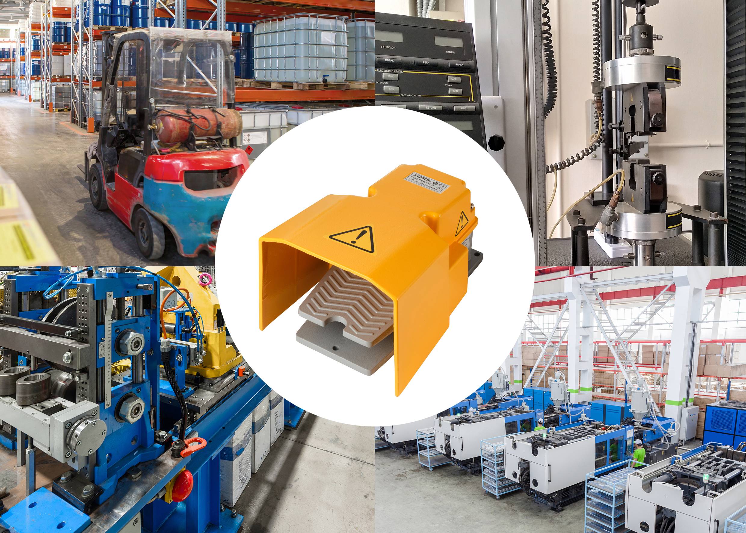 'Fotocollage zur Industrietechnik: Elektrostapler, Verpackungsmaschine, Prüfgeräte, Fertigungsanlagen. Im Zentrum: Trittmatte.'